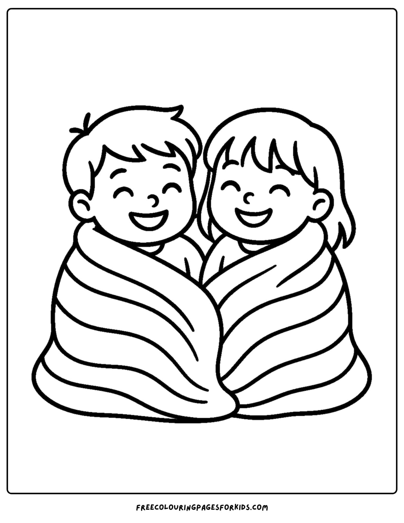 a cozy coloring page featuring kids wrapped in a blanket