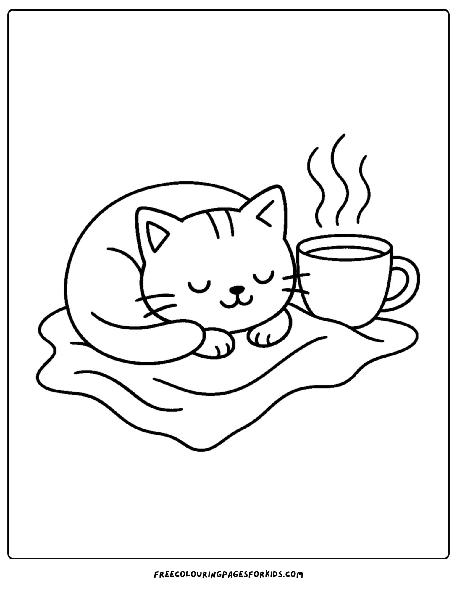 a cozy coloring page featuring a kitten sleeping next to a cup of warm tea