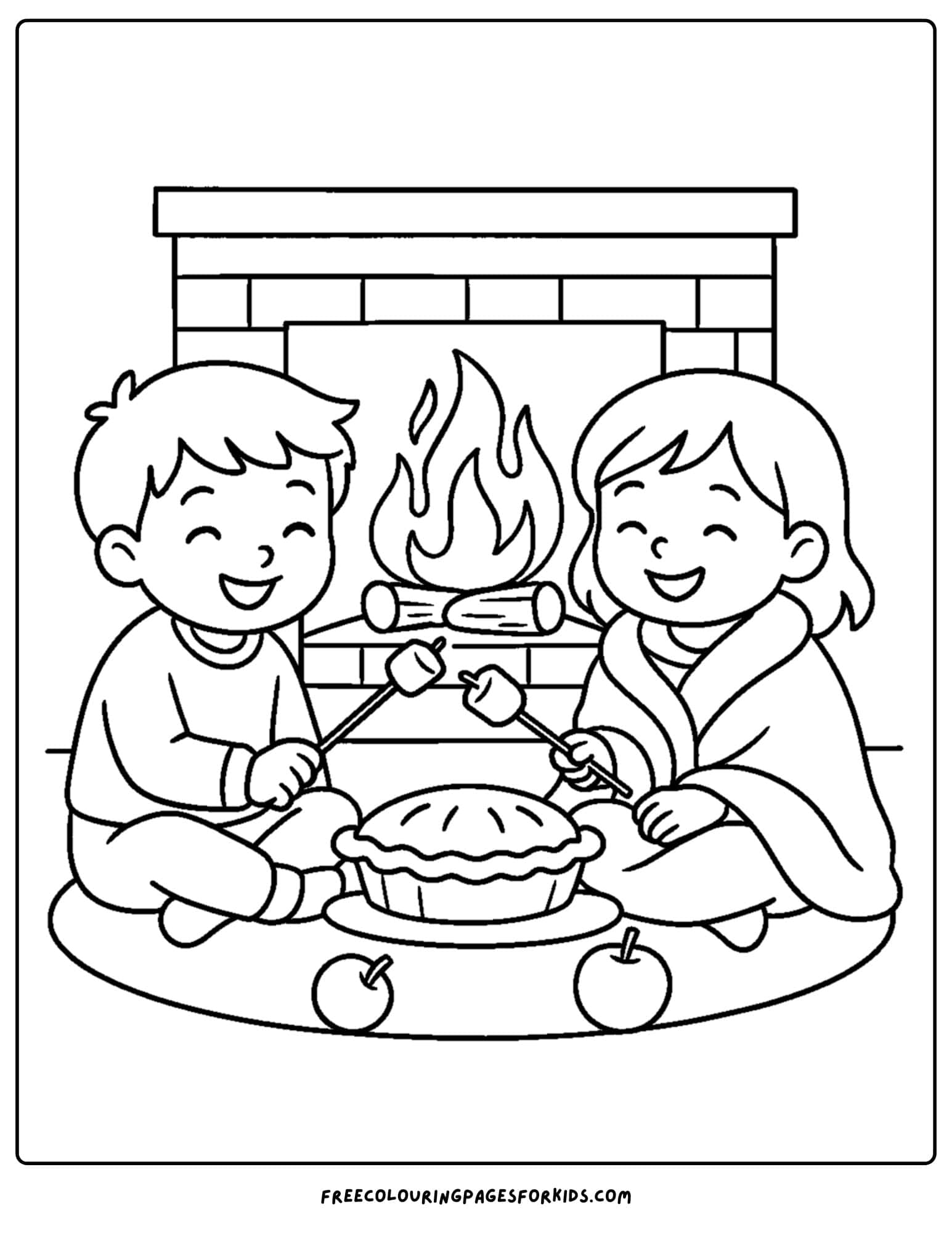 a cozy coloring page featuring kids roasting marshmallows on an indoor fire