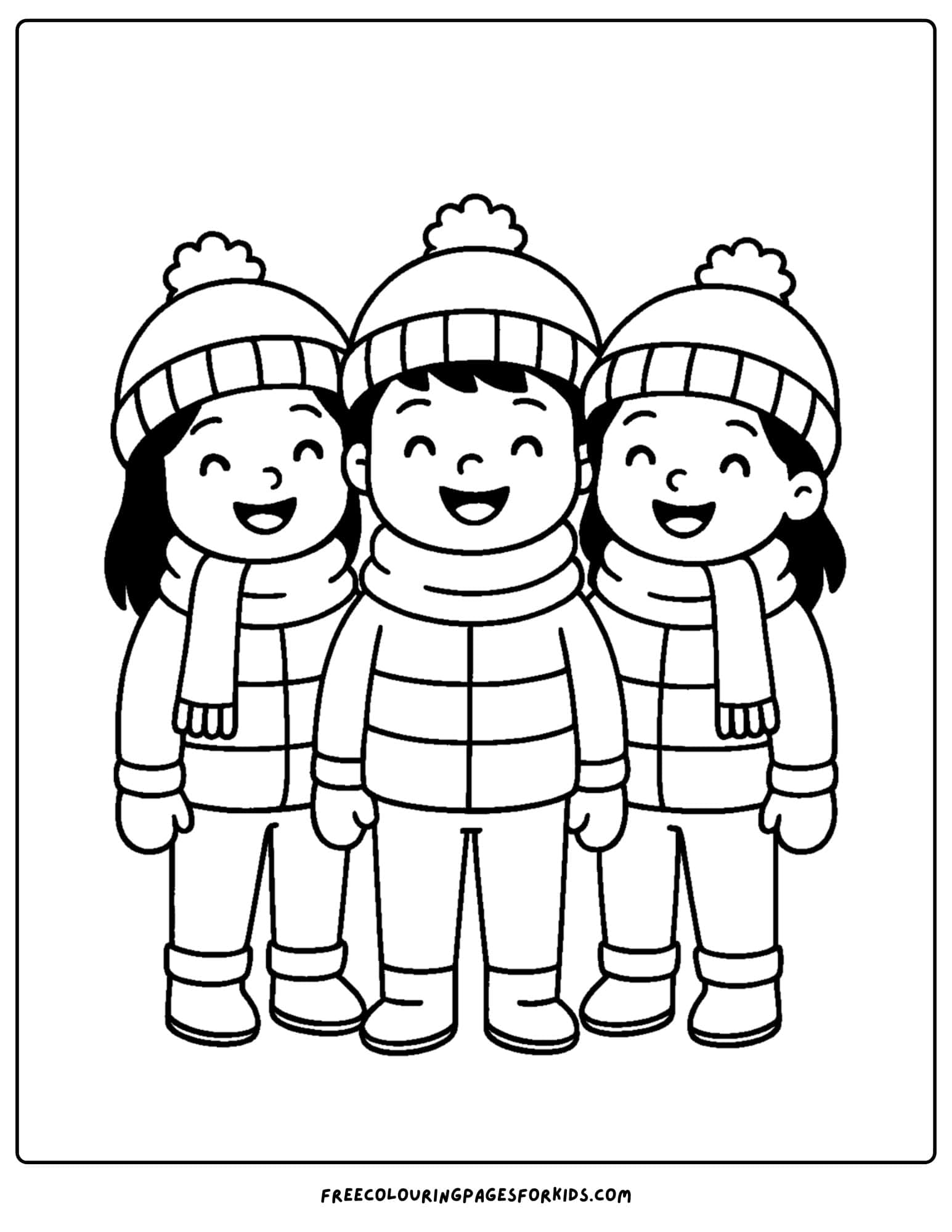 a cozy coloring page featuring kids in matching winter hats