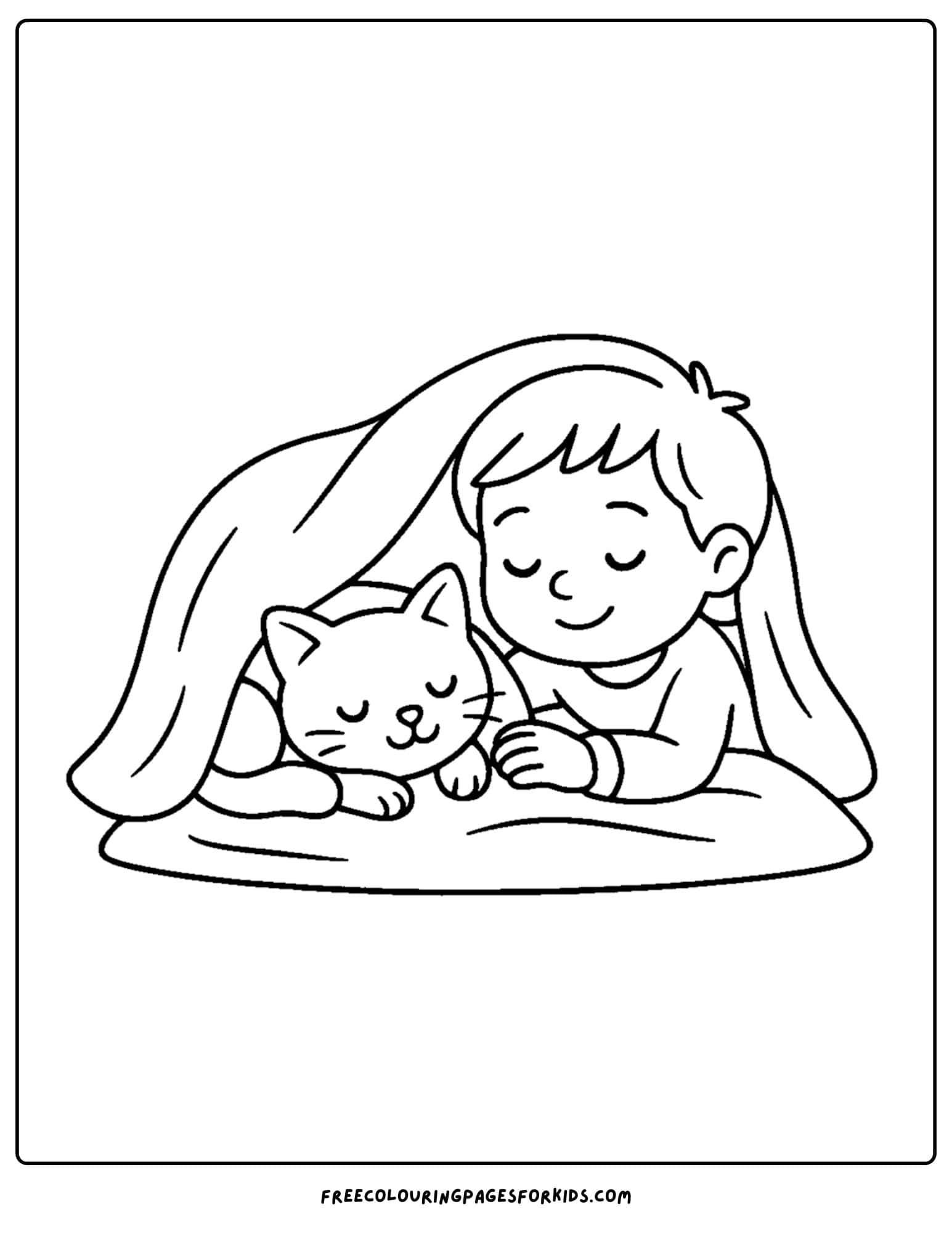 a cozy coloring page featuring a child and cat napping under a blanket