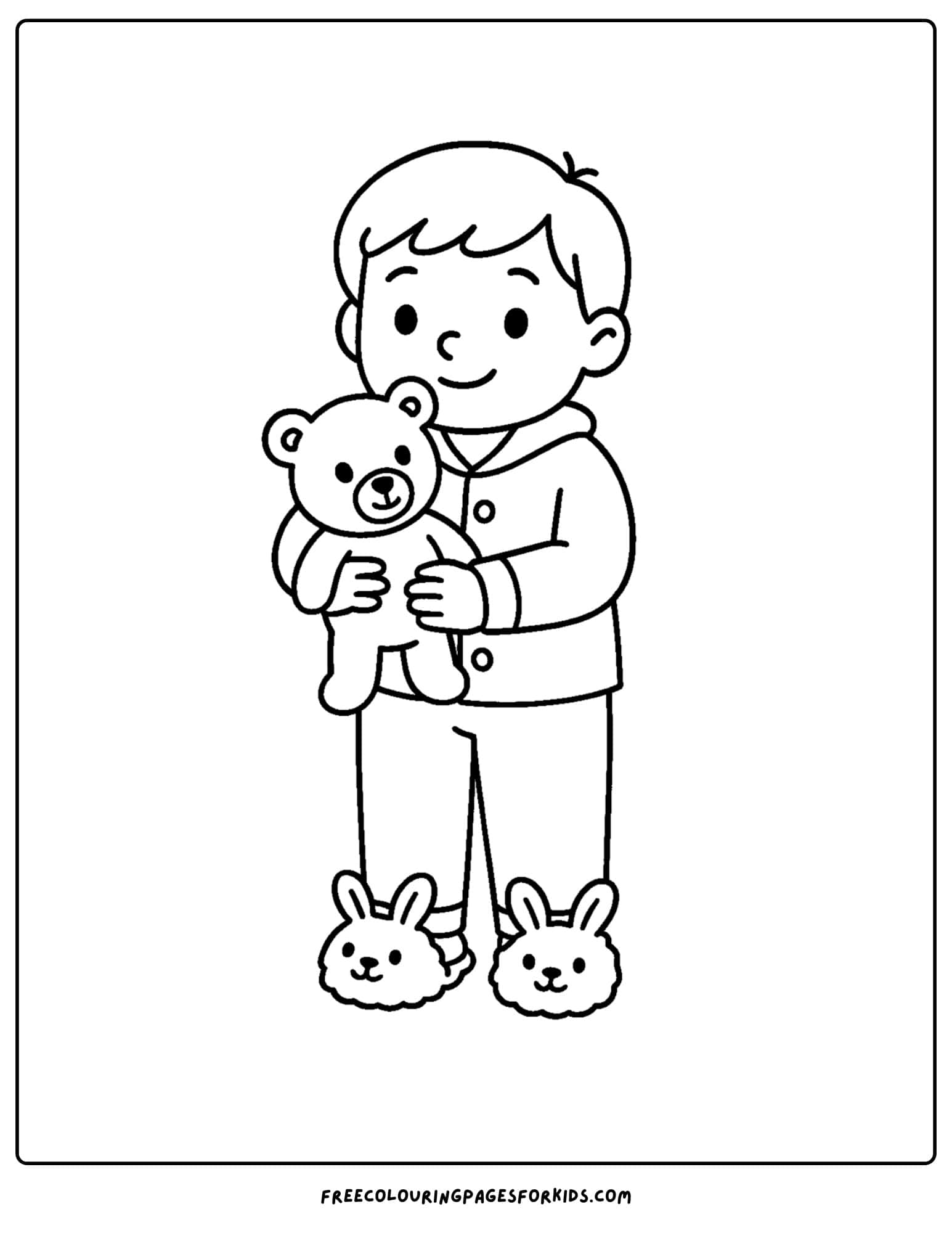 a cozy coloring page featuring a child in pajamas and holding a teddy