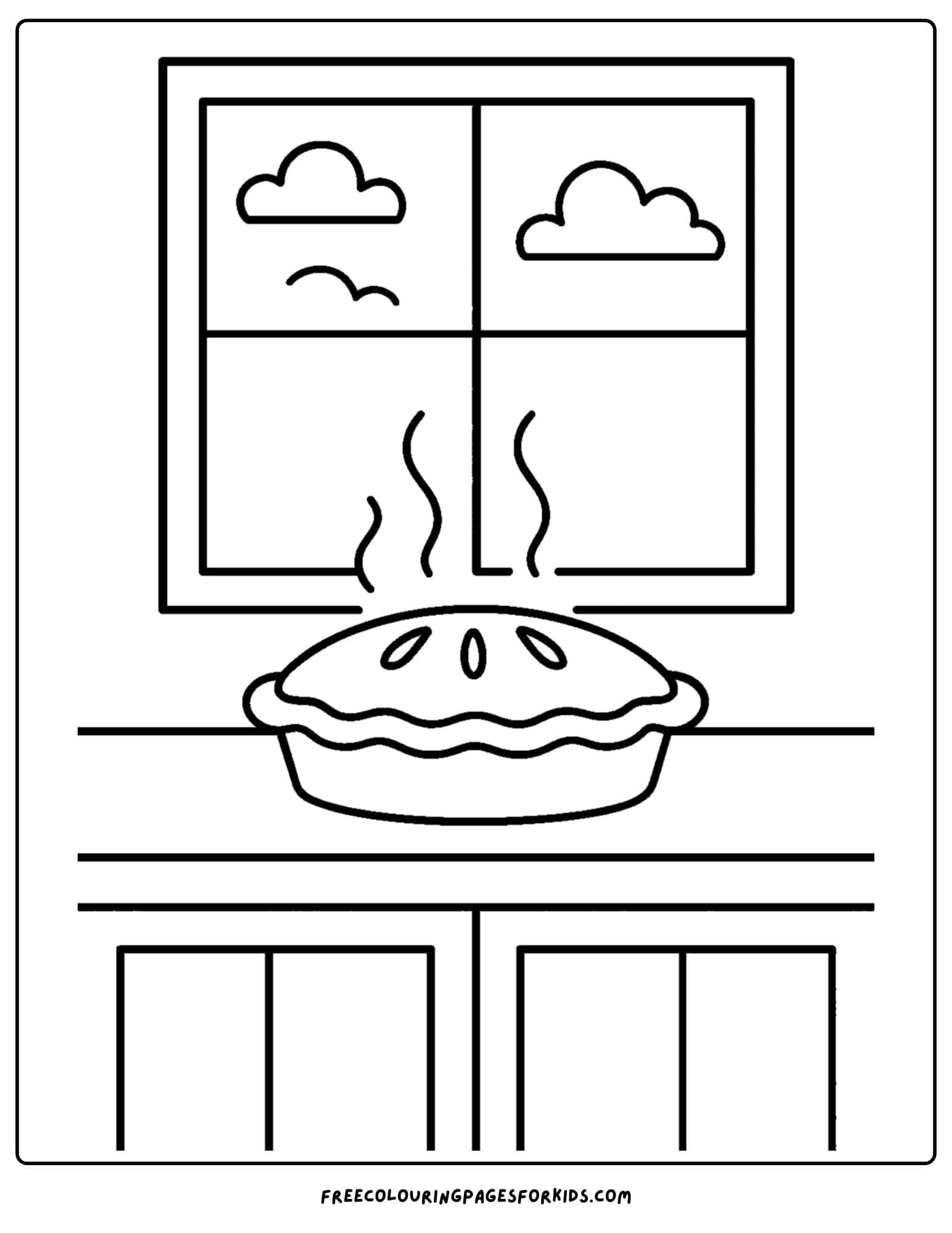 a cozy coloring page featuring a warm pie sitting on a counter cooling