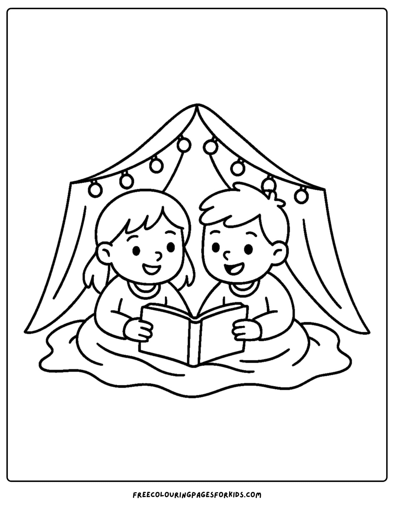 a cozy coloring page featuring kids in a blanket fort reading