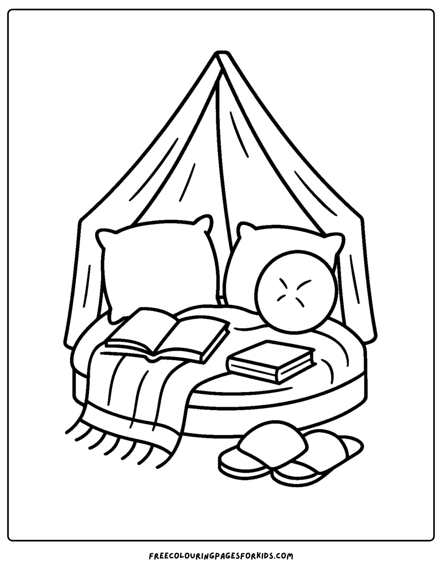 a cozy coloring page featuring a warm reading nook with blankets