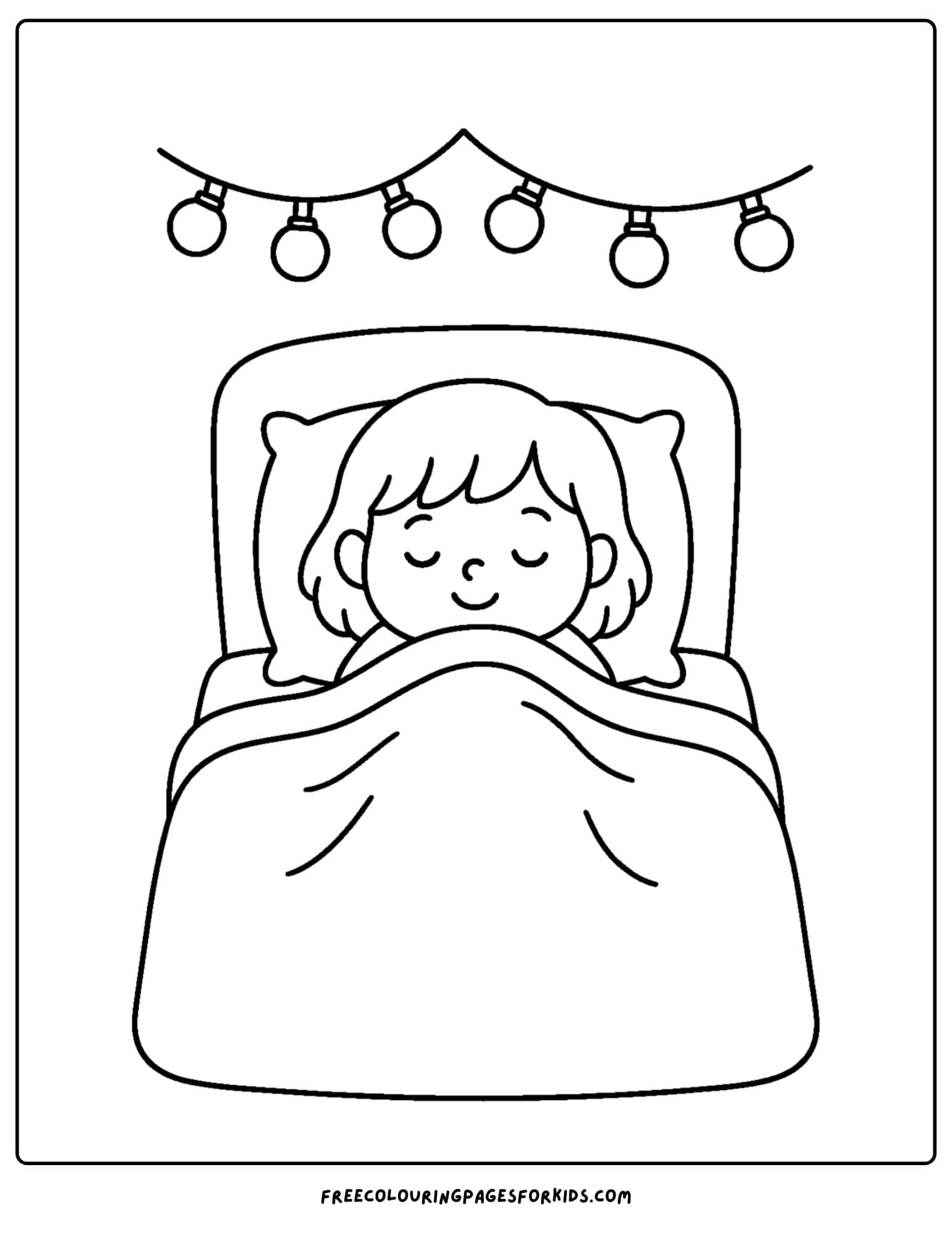 a cozy coloring page featuring a child snuggled up in bed
