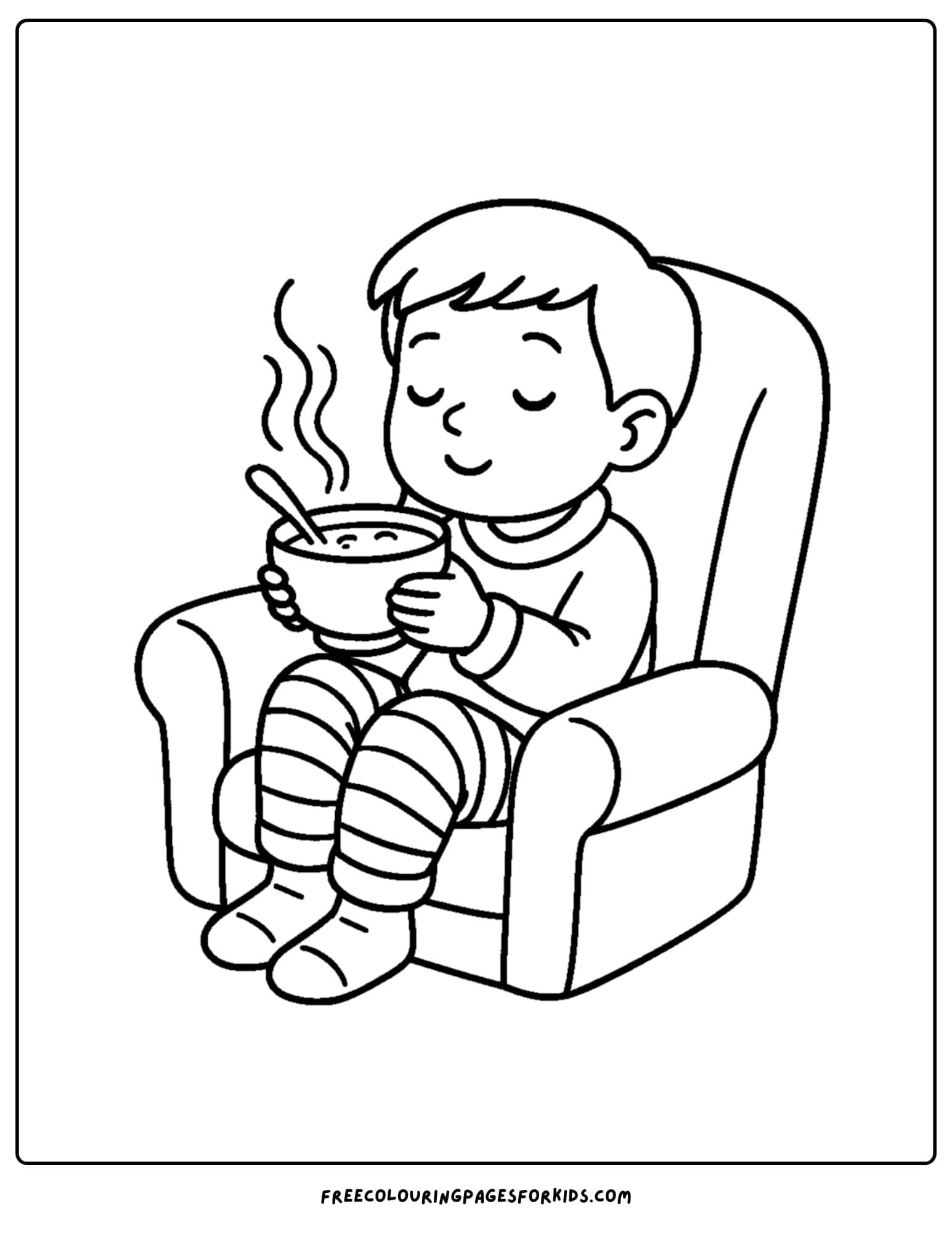 a cozy coloring page featuring a child having soup in a comfy chair
