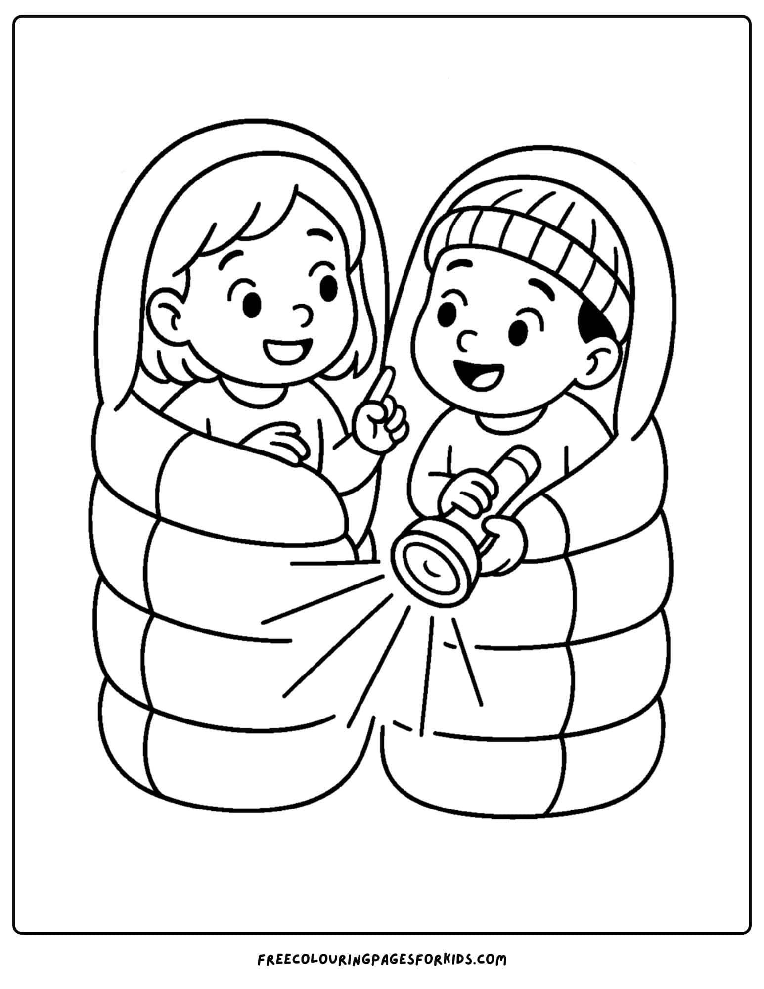 a cozy coloring page featuring two kids in sleeping bags
