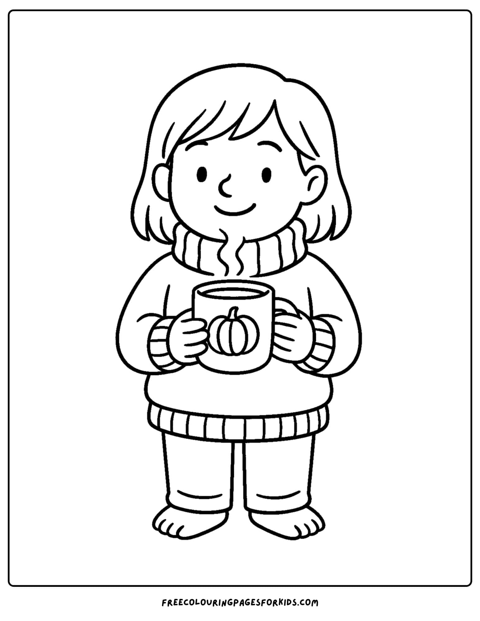 a cozy coloring page featuring a child in a sweater drinking a warm pumpkin spice drink