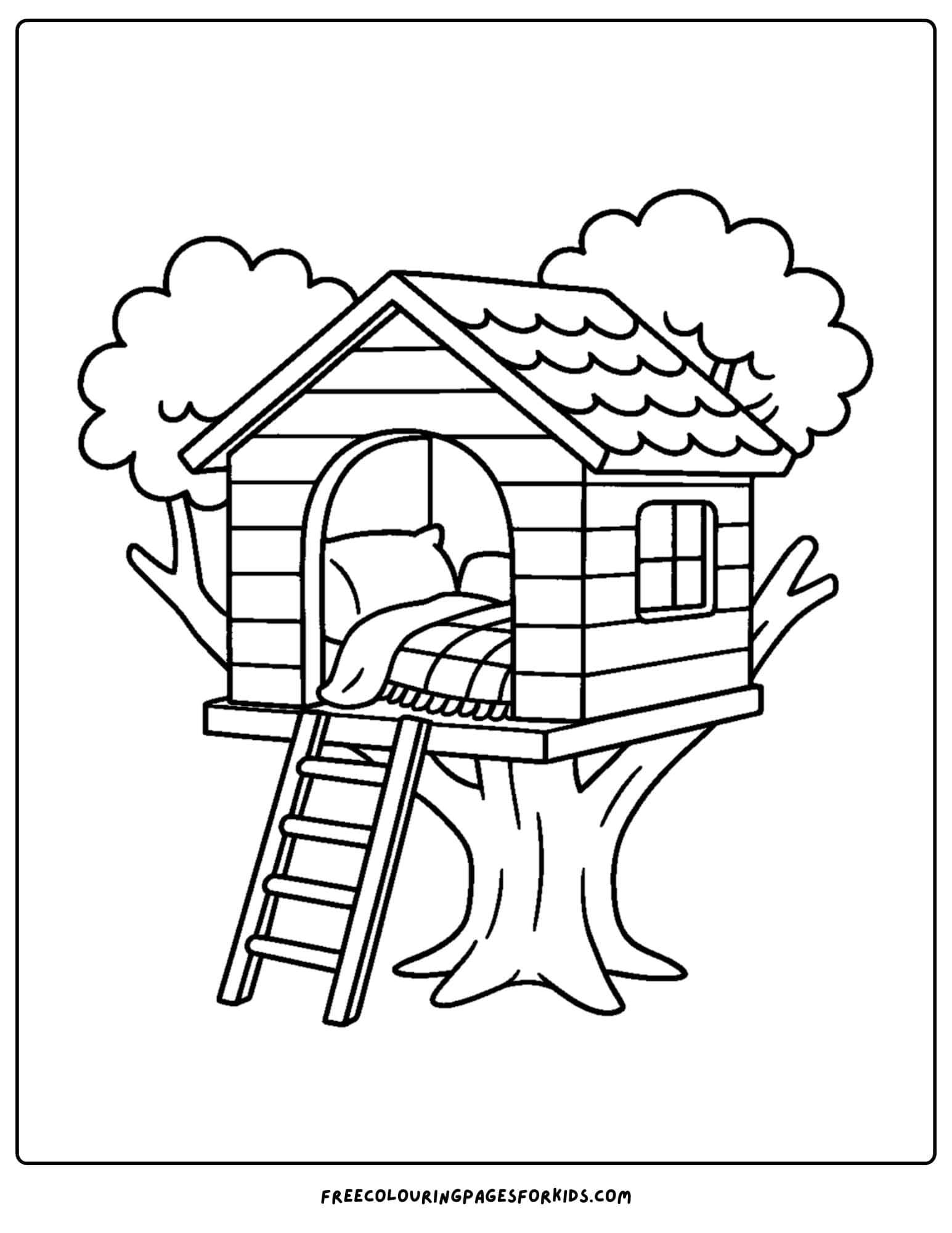a cozy coloring page featuring a treehouse with warm blankets and pillows inside