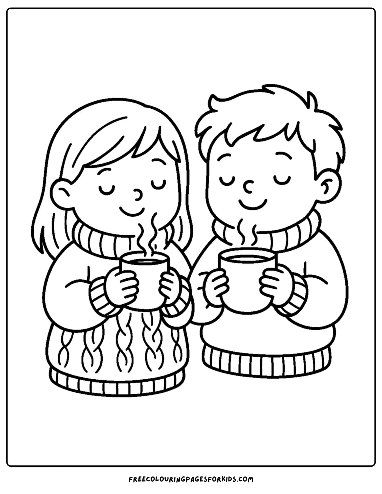 a cozy coloring page featuring two kids in sweaters drinking hot cocoa