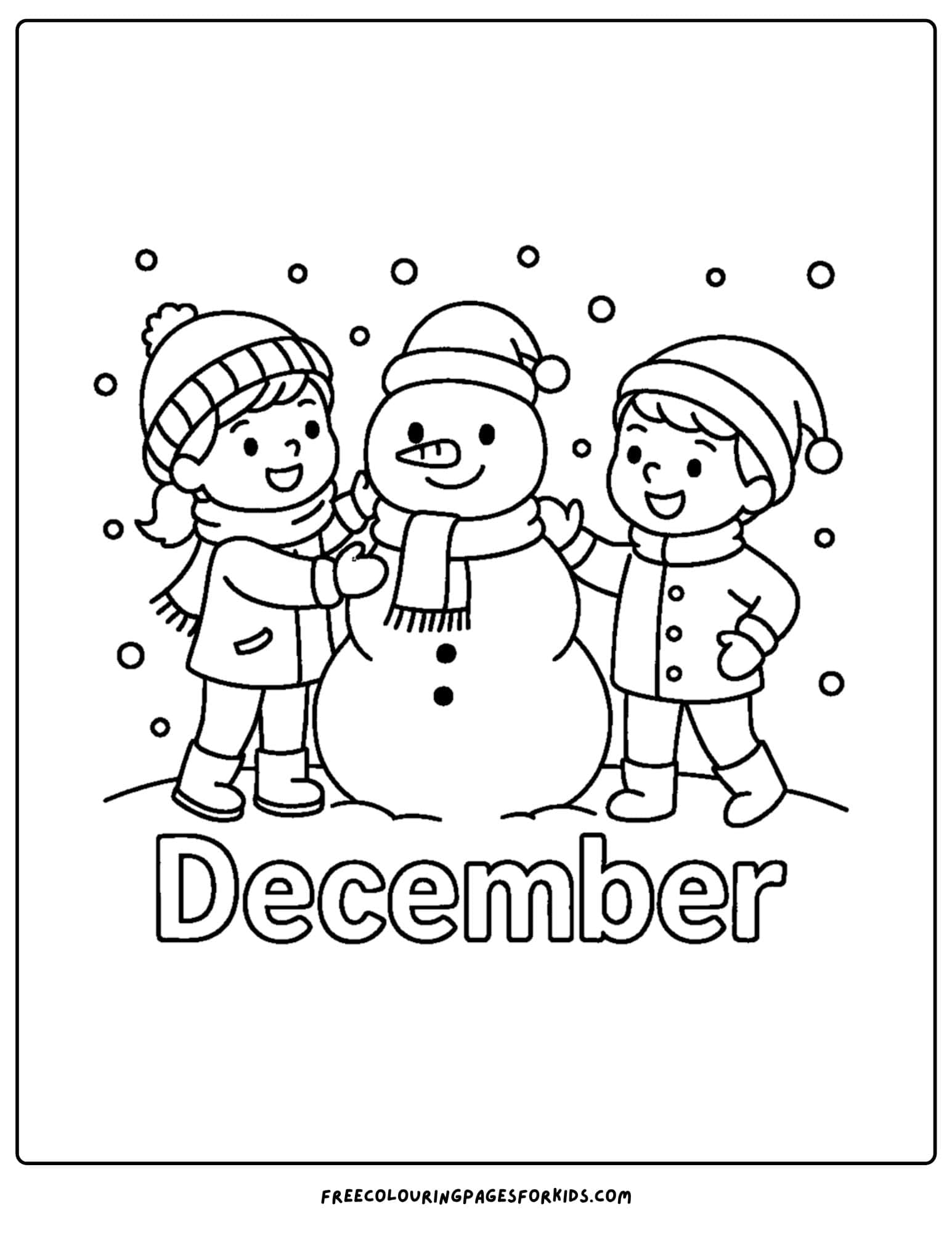a december themed coloring pages featuring children making a snowman