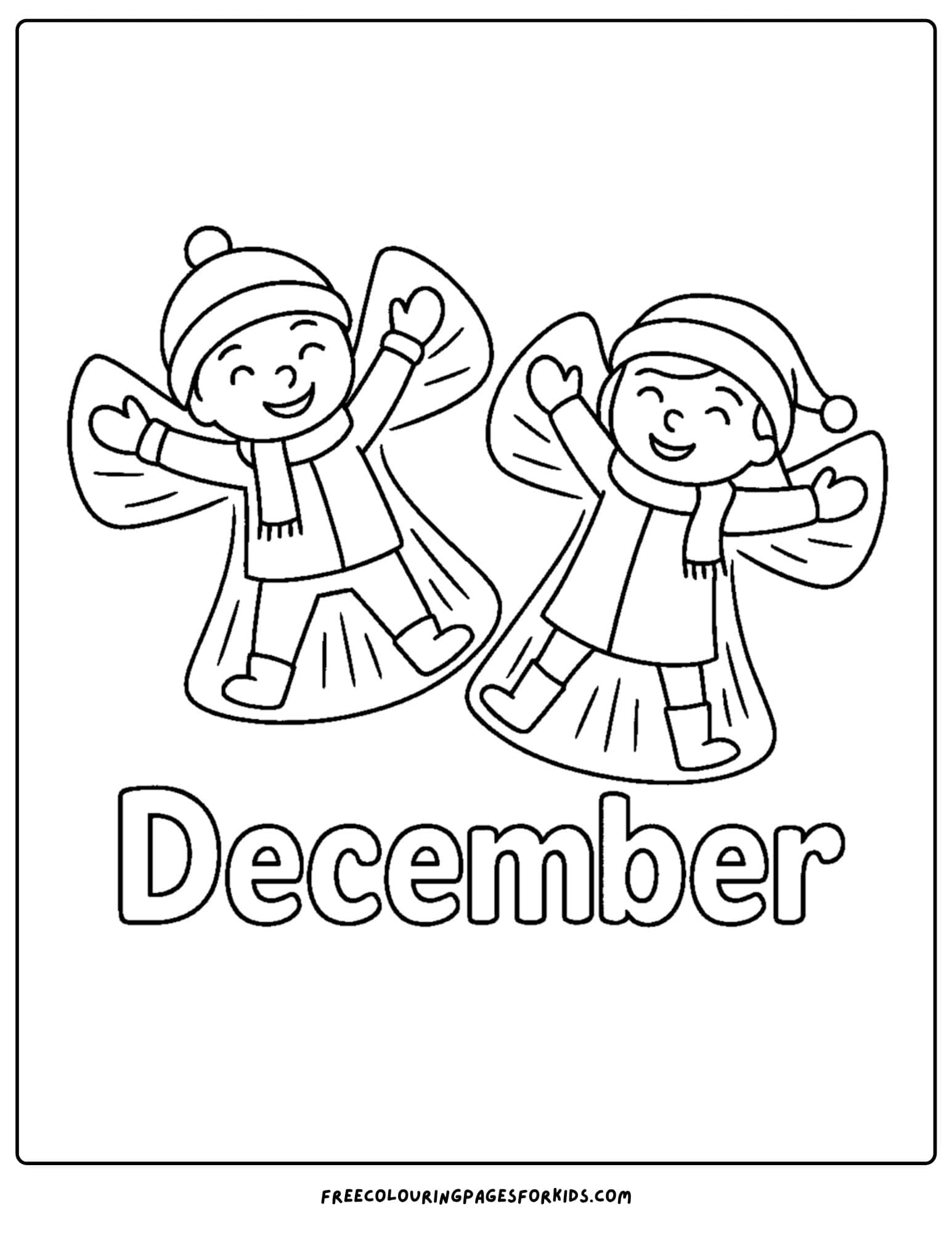 a december themed coloring pages featuring kids making snow angels