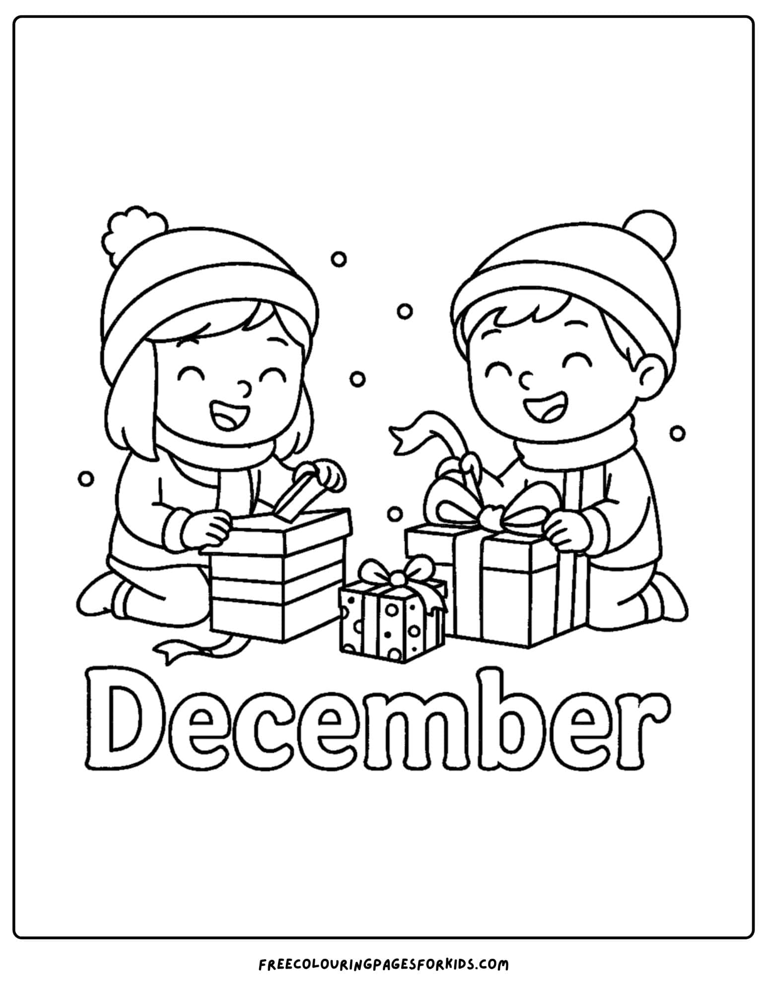 a december themed coloring pages featuring children opening presents