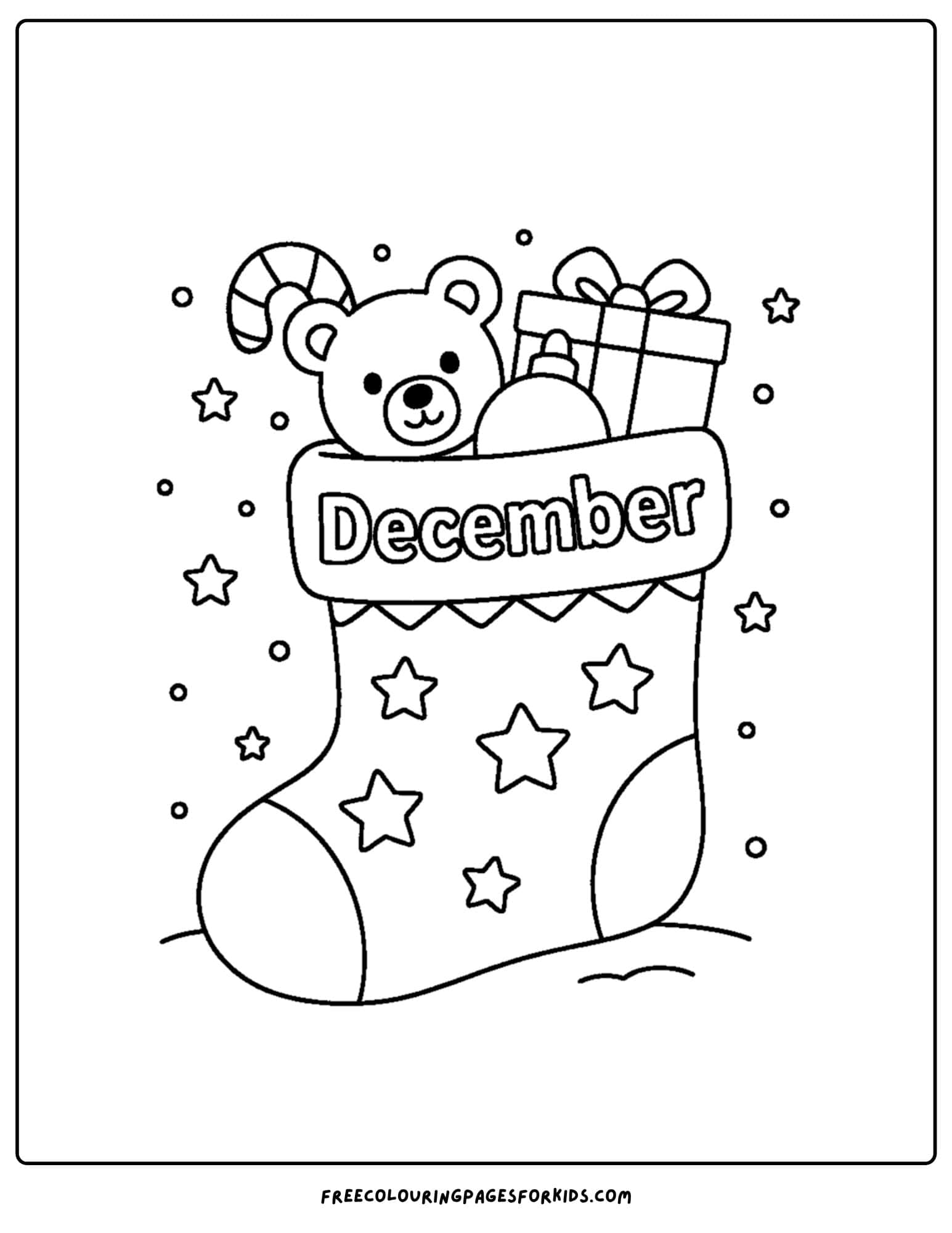 a december themed coloring pages featuring a giant christmas stocking full of presents