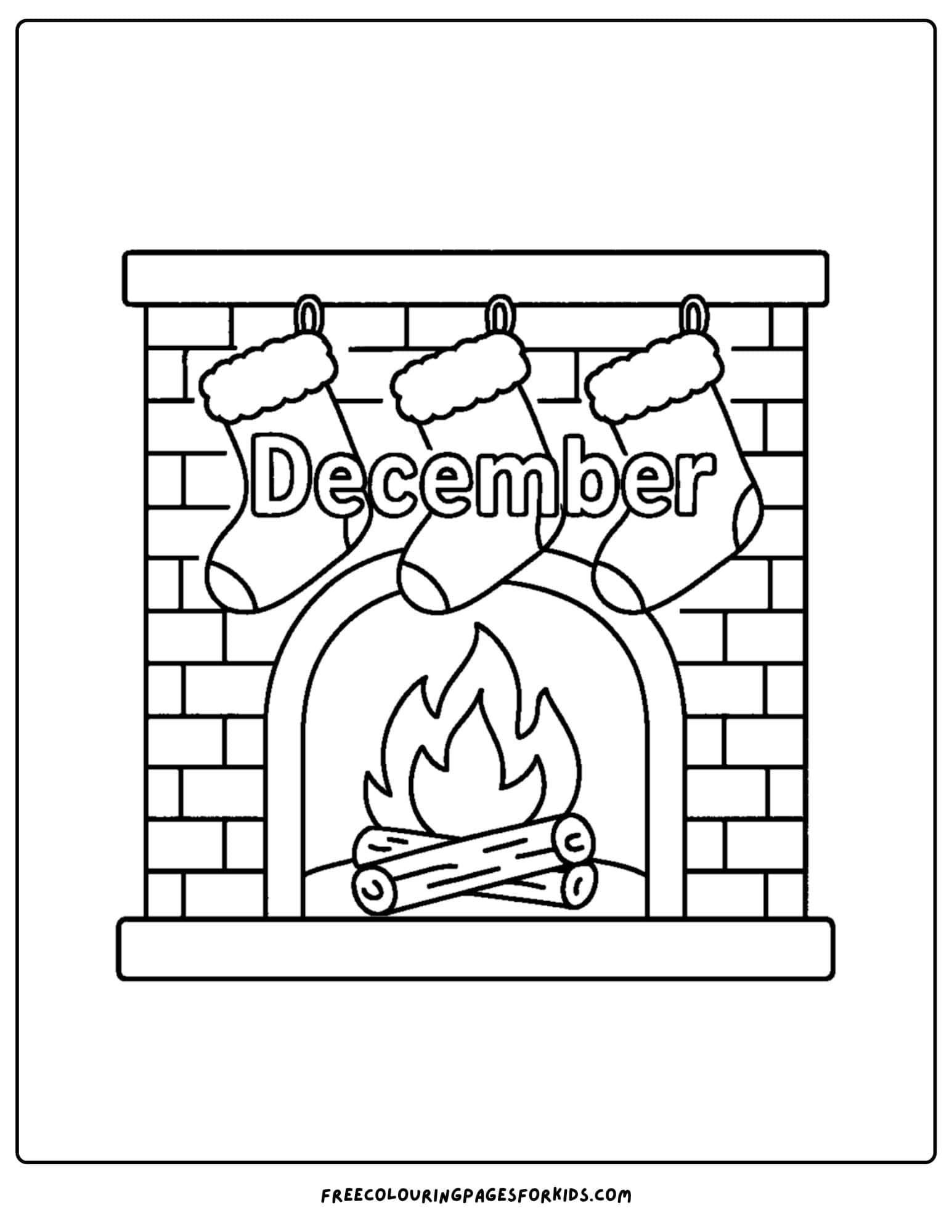 a december themed coloring pages featuring a cozy fireplace with stockings hanging