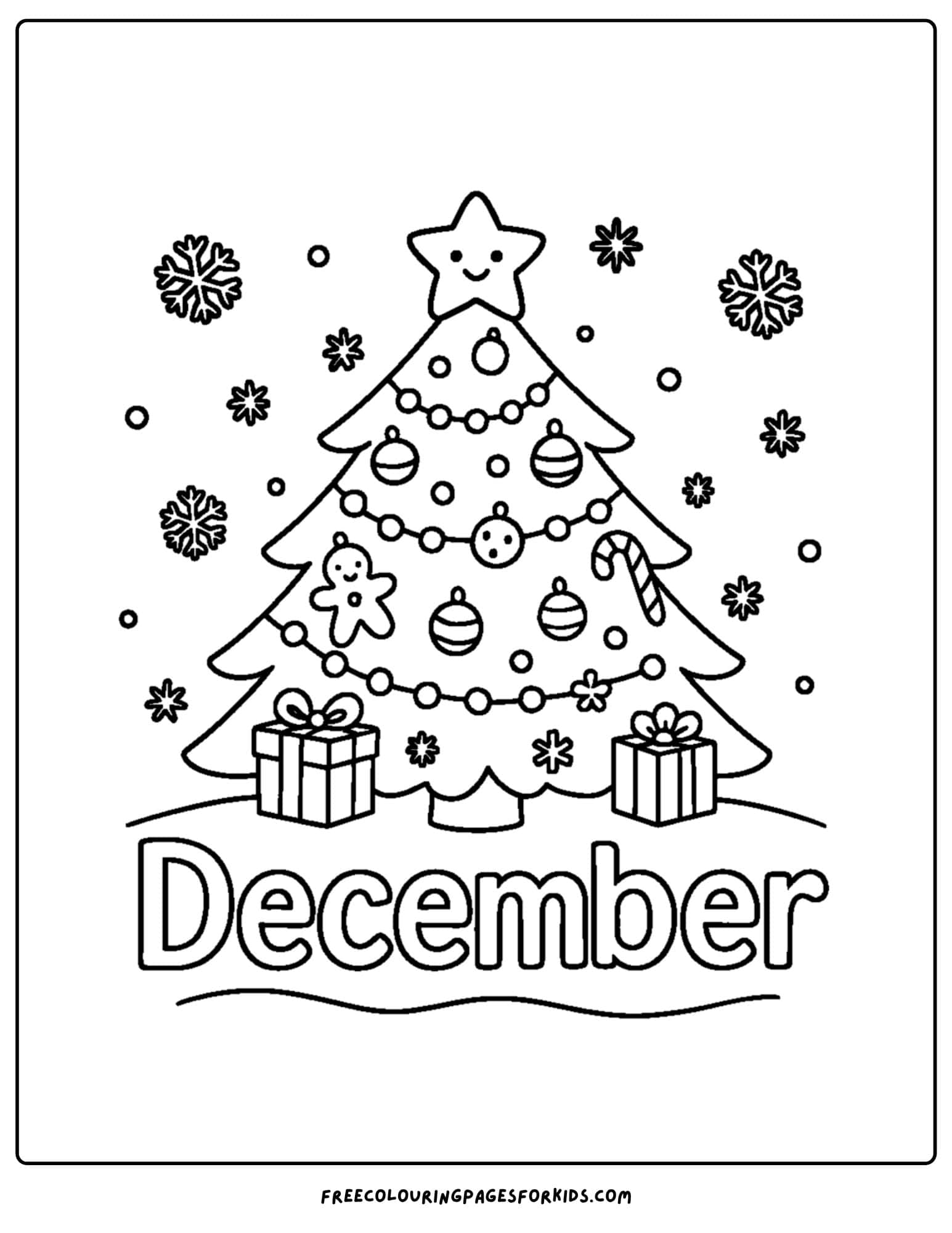 a december themed coloring pages featuring a decorated christmas tree