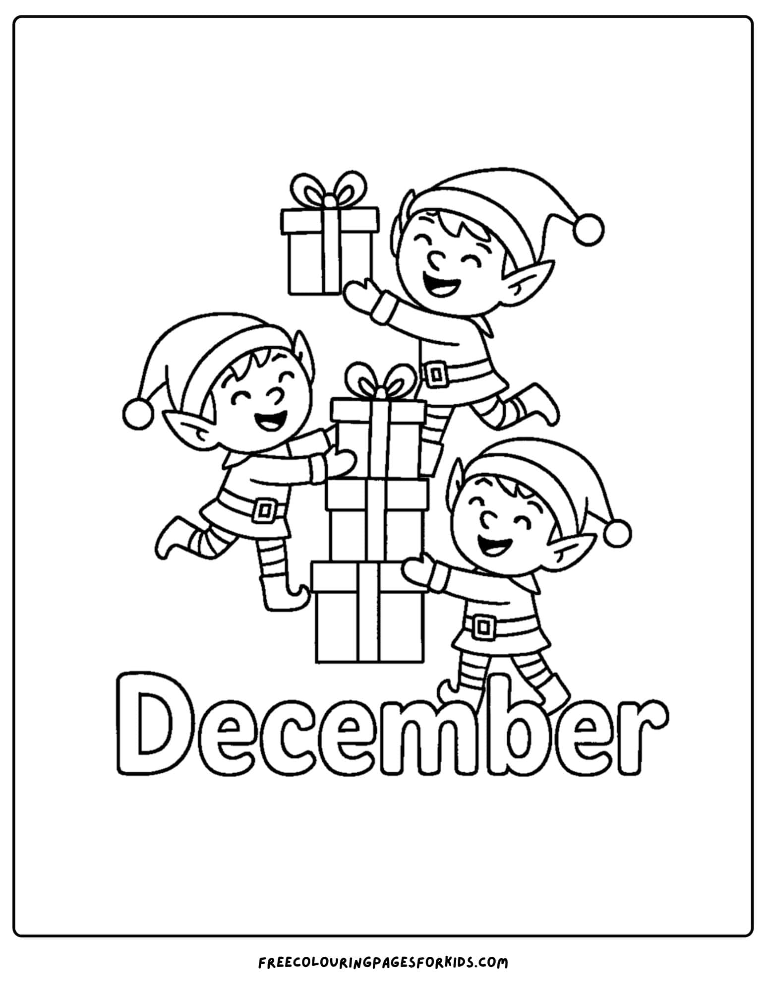 a december themed coloring pages featuring elves stacking presents