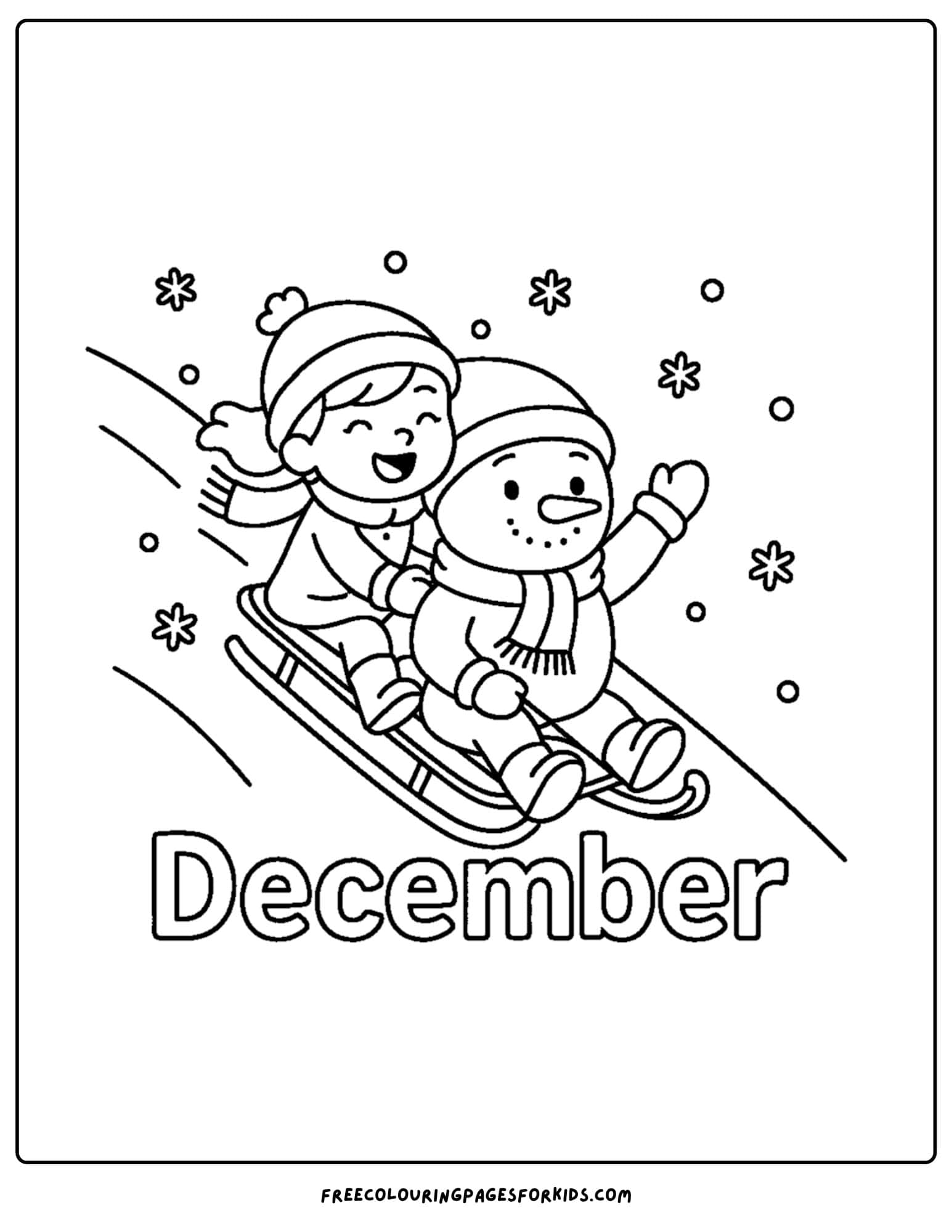 a december themed coloring pages featuring a kid and a snowman sledding