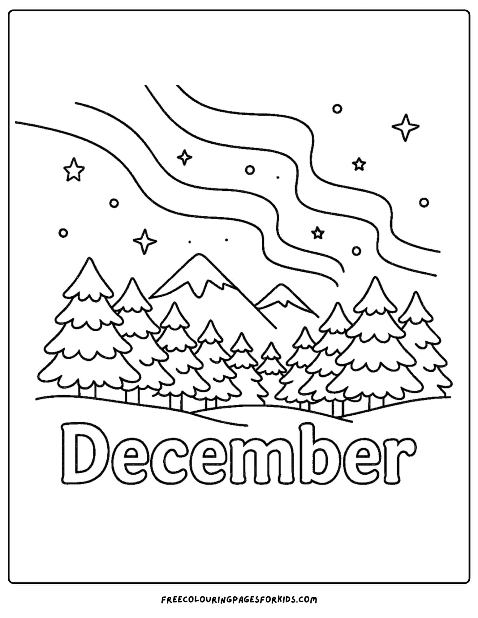 a december themed coloring pages featuring a view of the northern lights