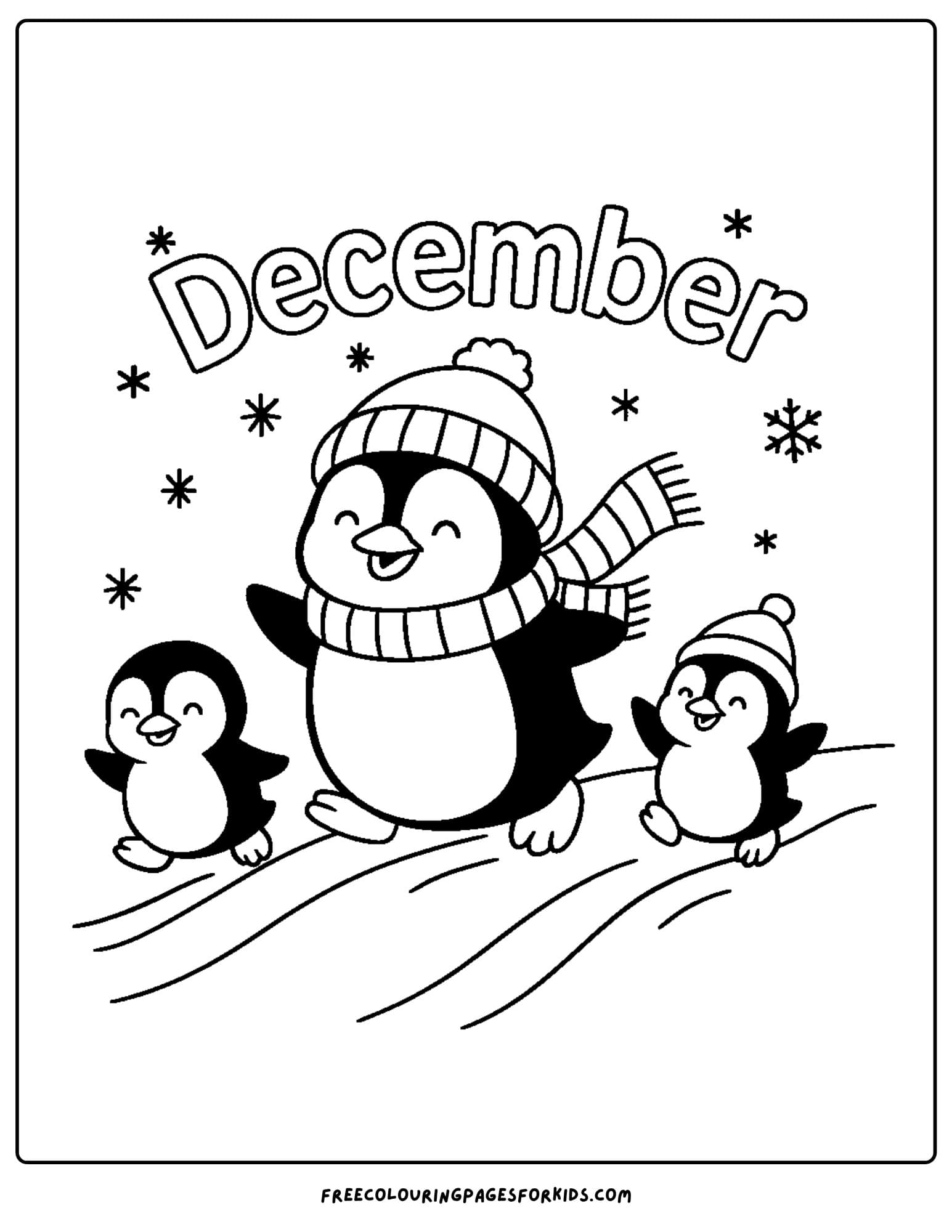 a december themed coloring pages featuring a penguin family in the snow