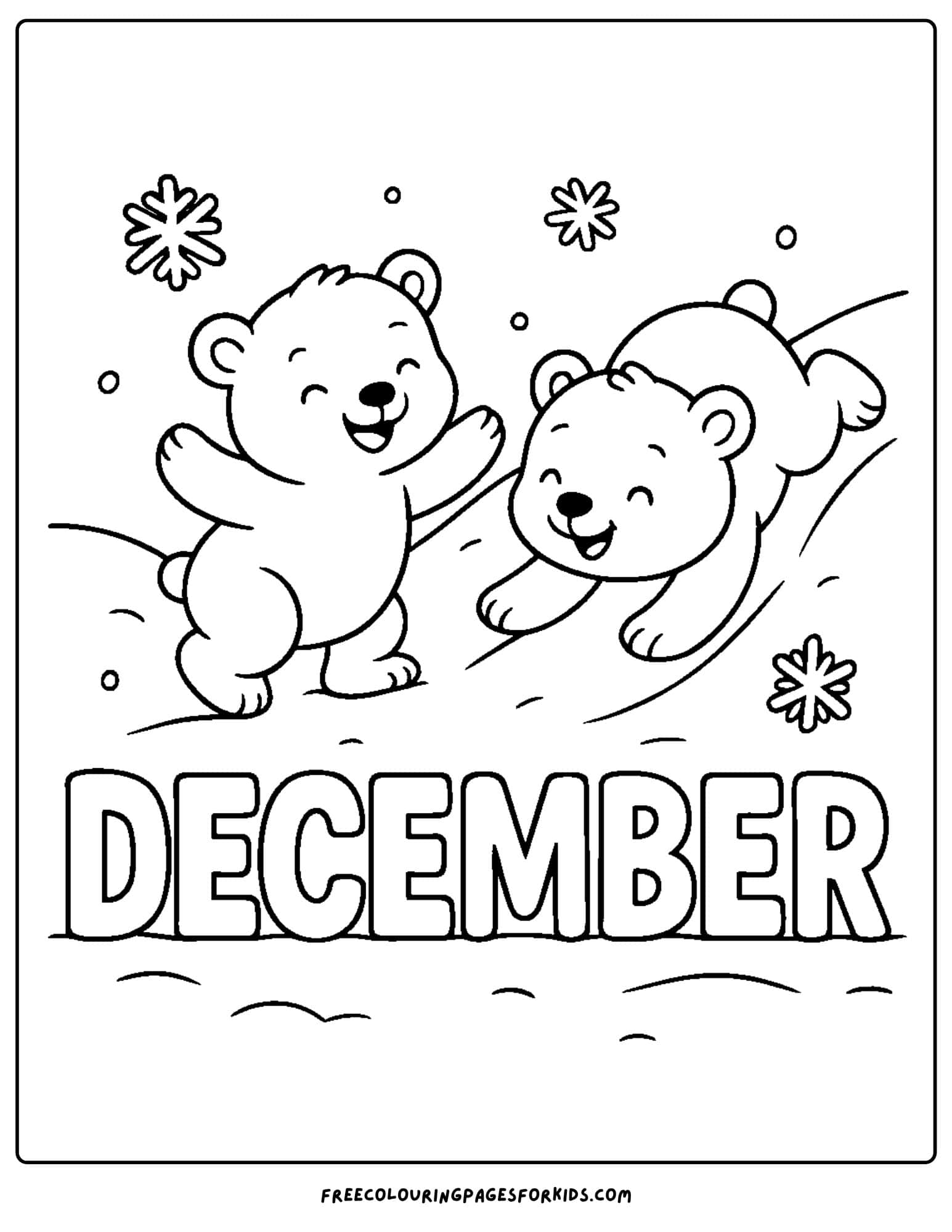 a december themed coloring pages featuring polar bear cubs playing in the snow