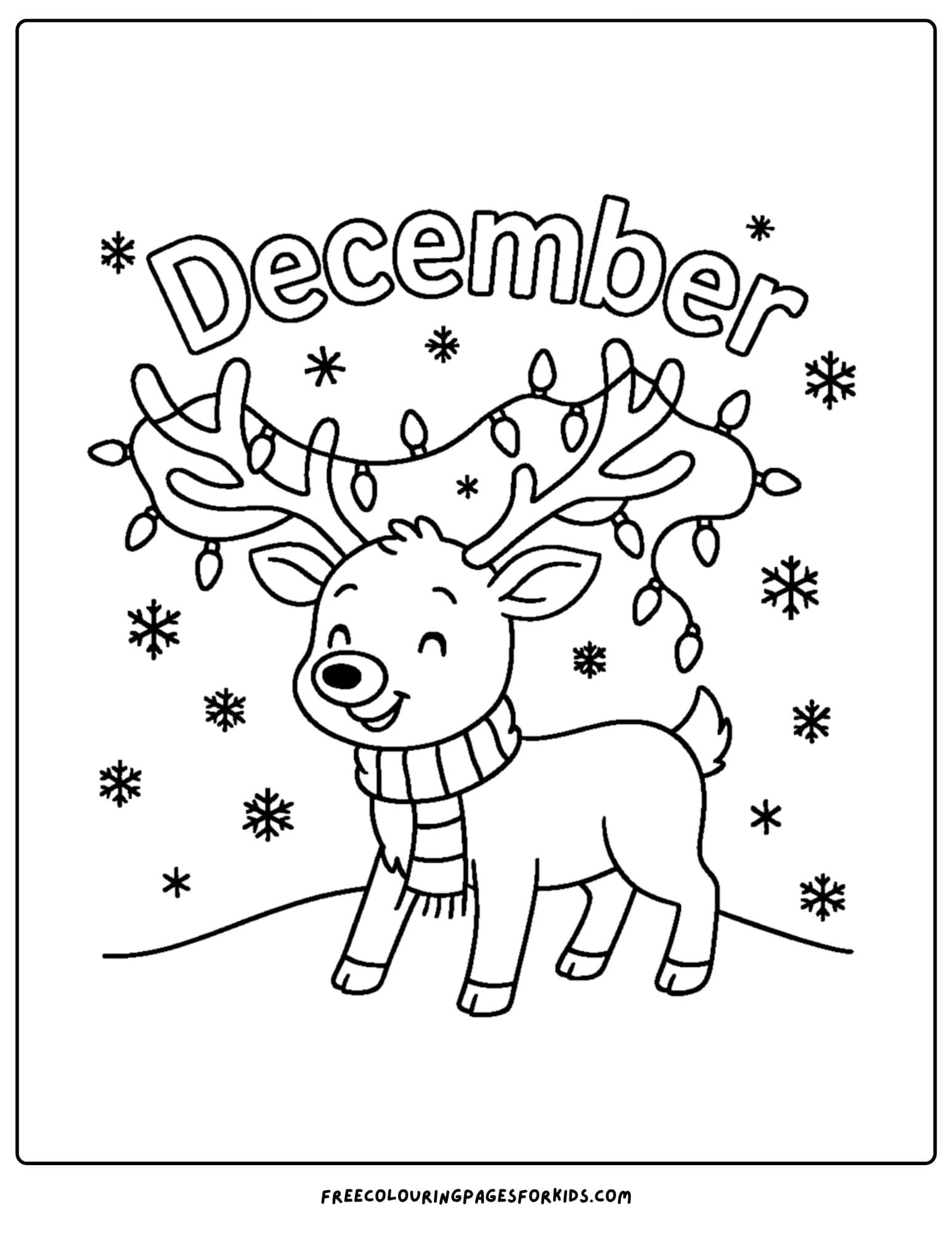 a december themed coloring pages featuring a reindeer with christmas lights tangled in its antlers