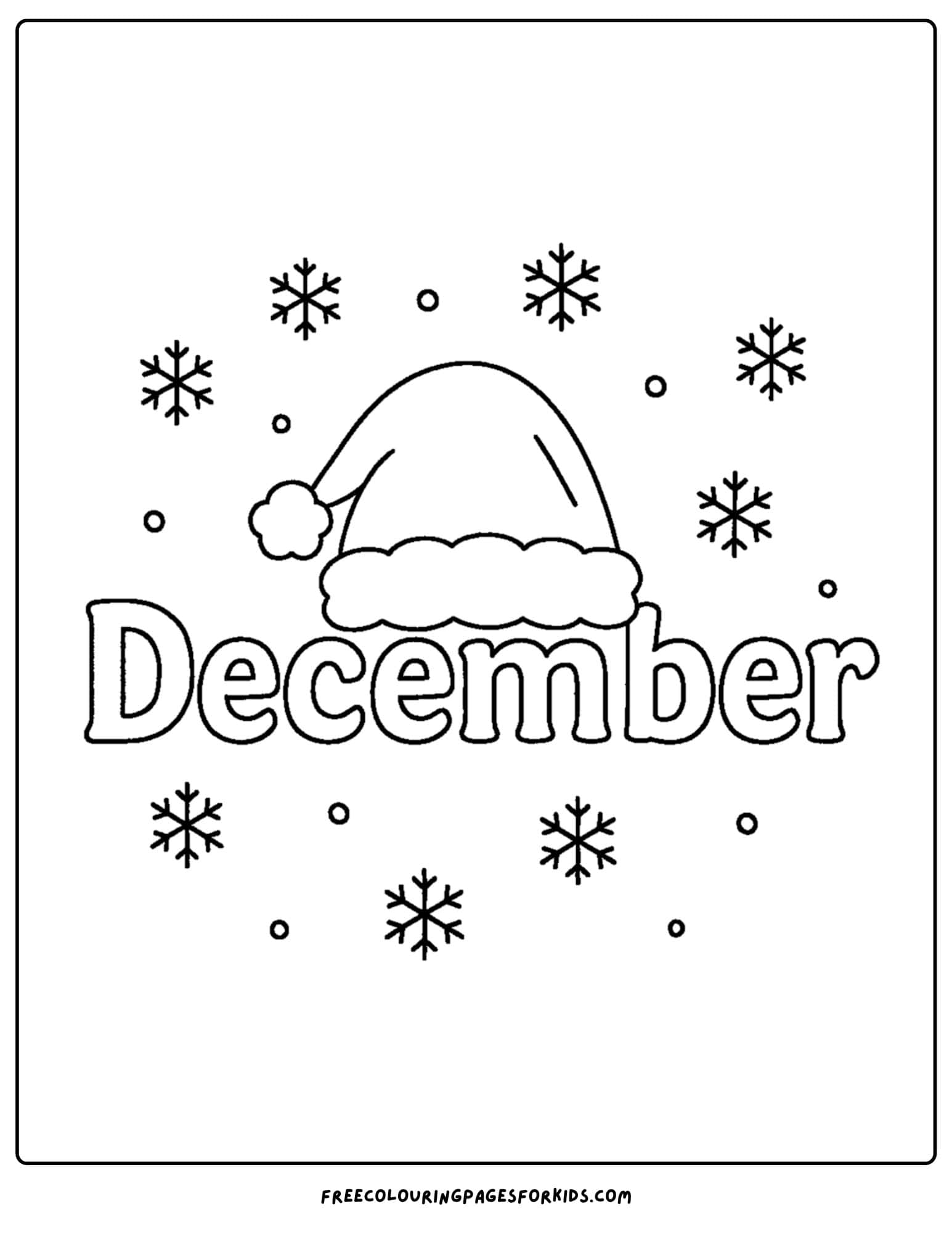 a december themed coloring pages featuring the word december with a santa hat and snowflakes