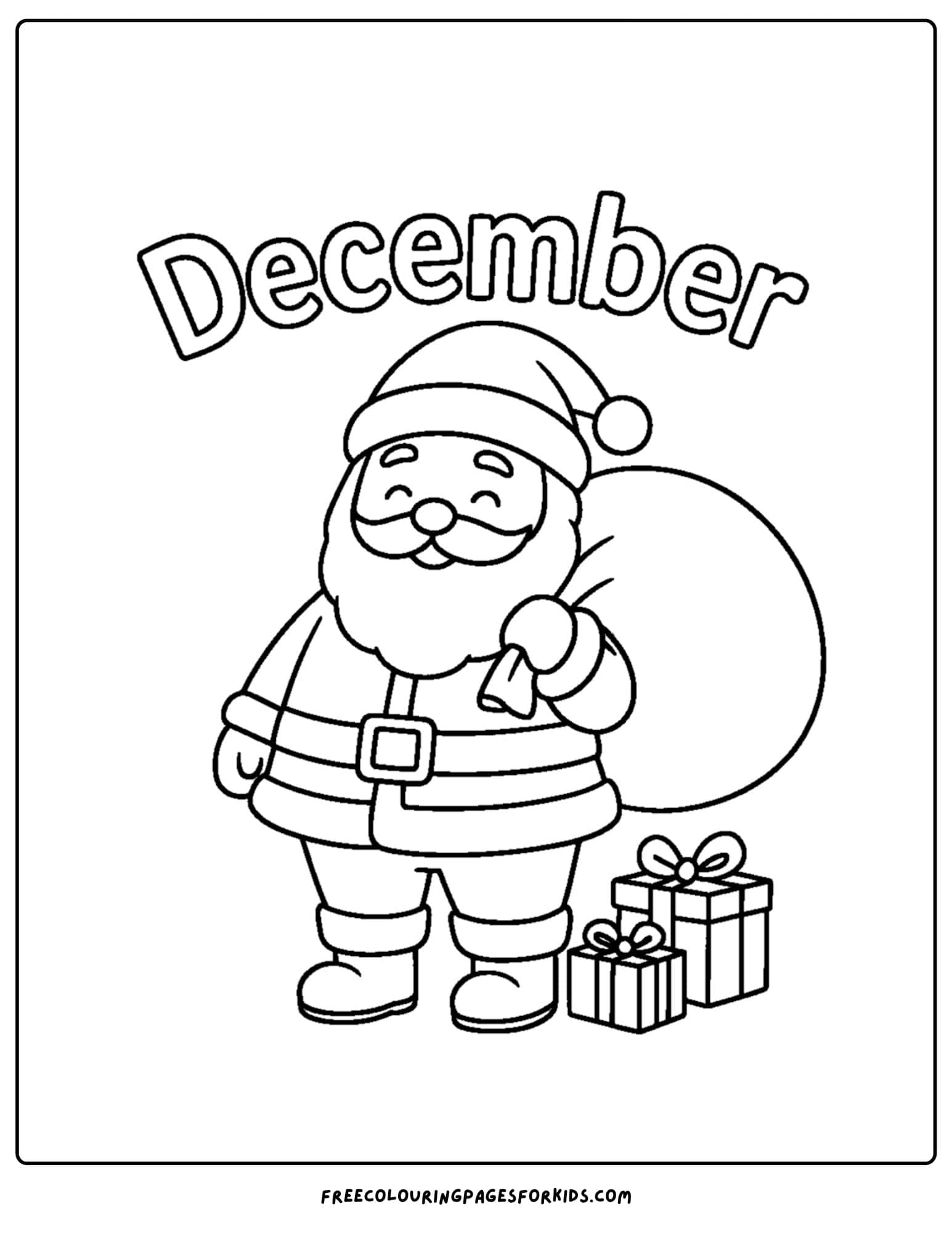 a december themed coloring pages featuring santa with a bag of presents