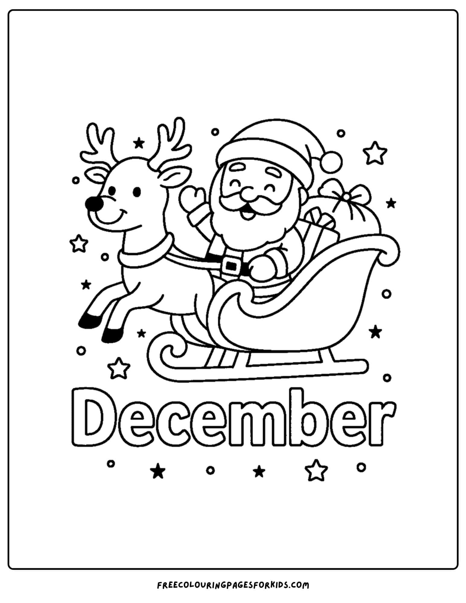 a december themed coloring pages featuring santa and his sleigh with a reindeer