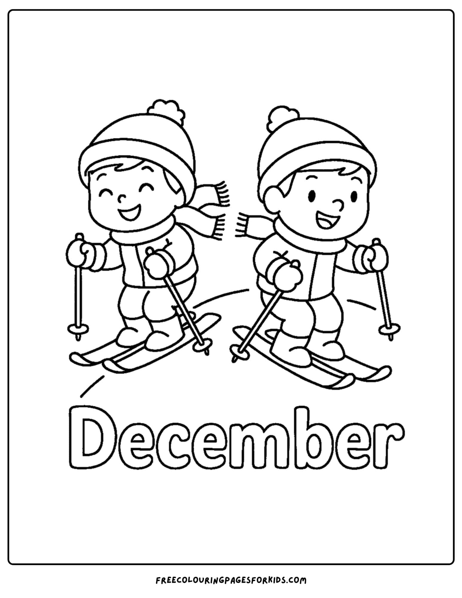a december themed coloring pages featuring two kids skiing down a slope