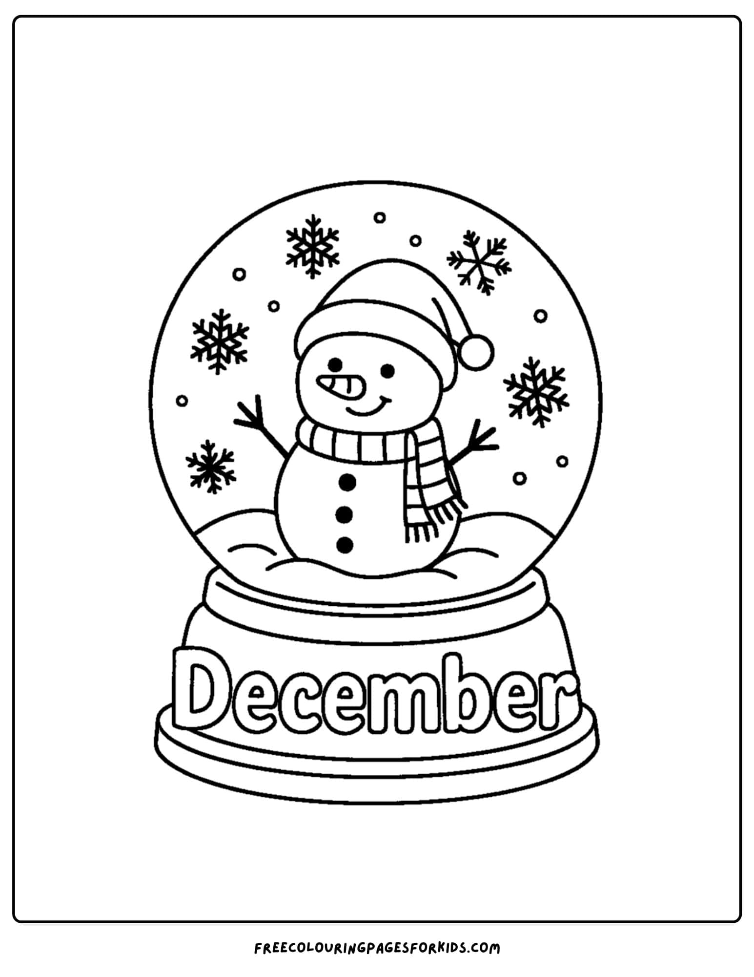 a december themed coloring pages featuring a snow globe with a snowman inside it