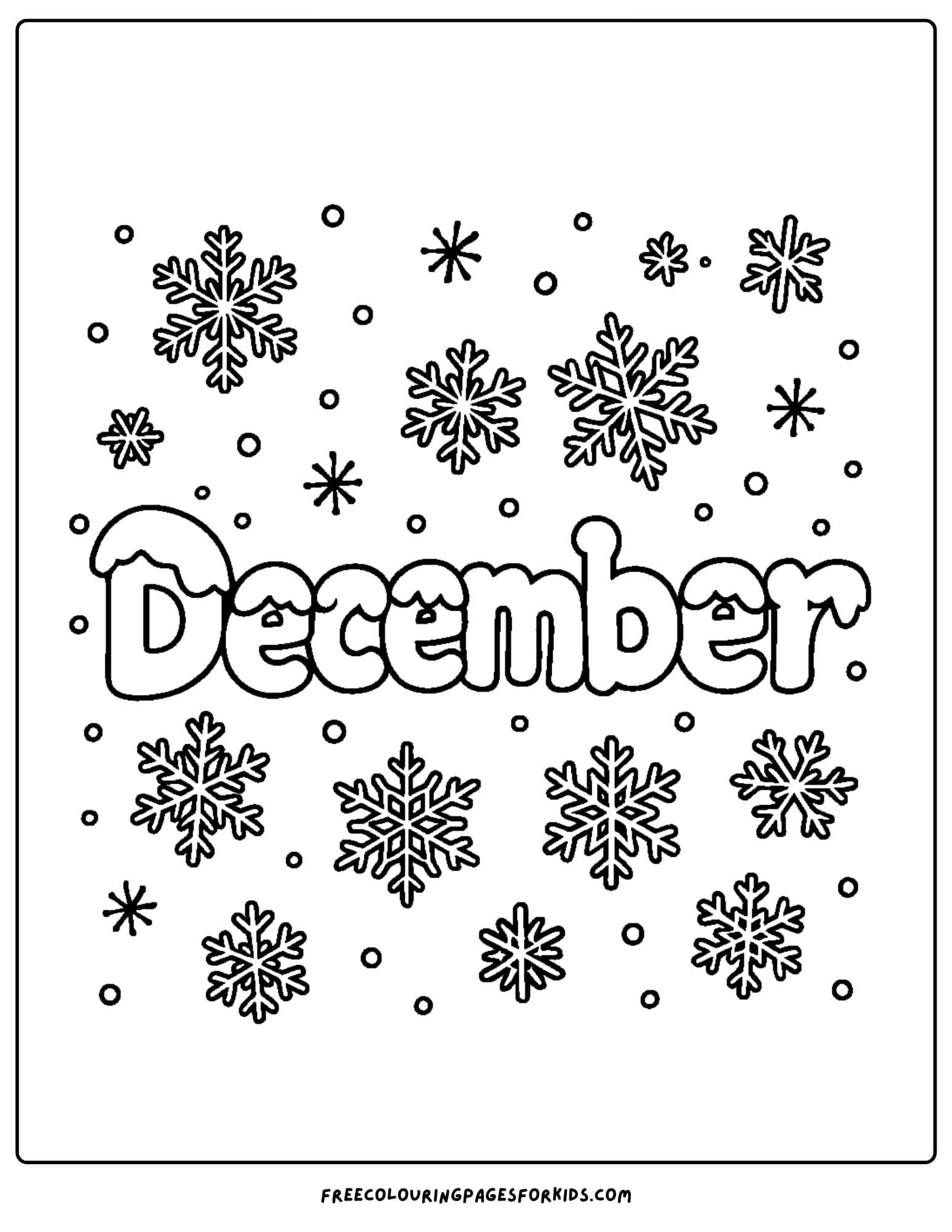 a december themed coloring pages featuring the word december surrounded by snowflakes