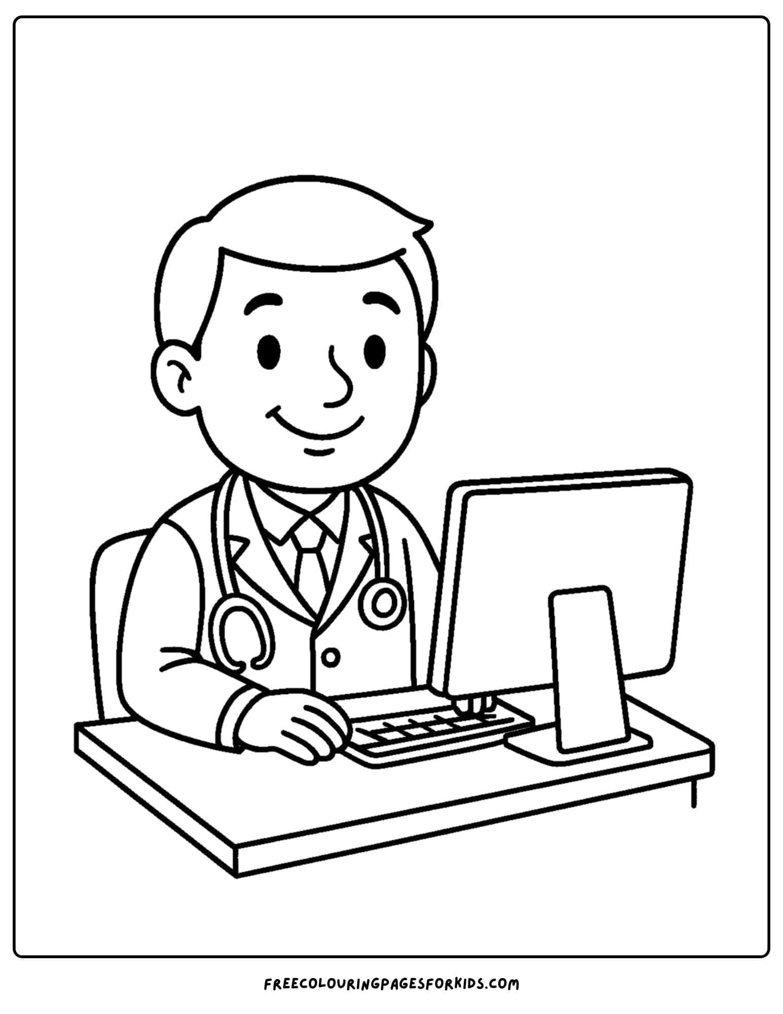 a doctor coloring page featuring a doctor sitting at a computer recording notes