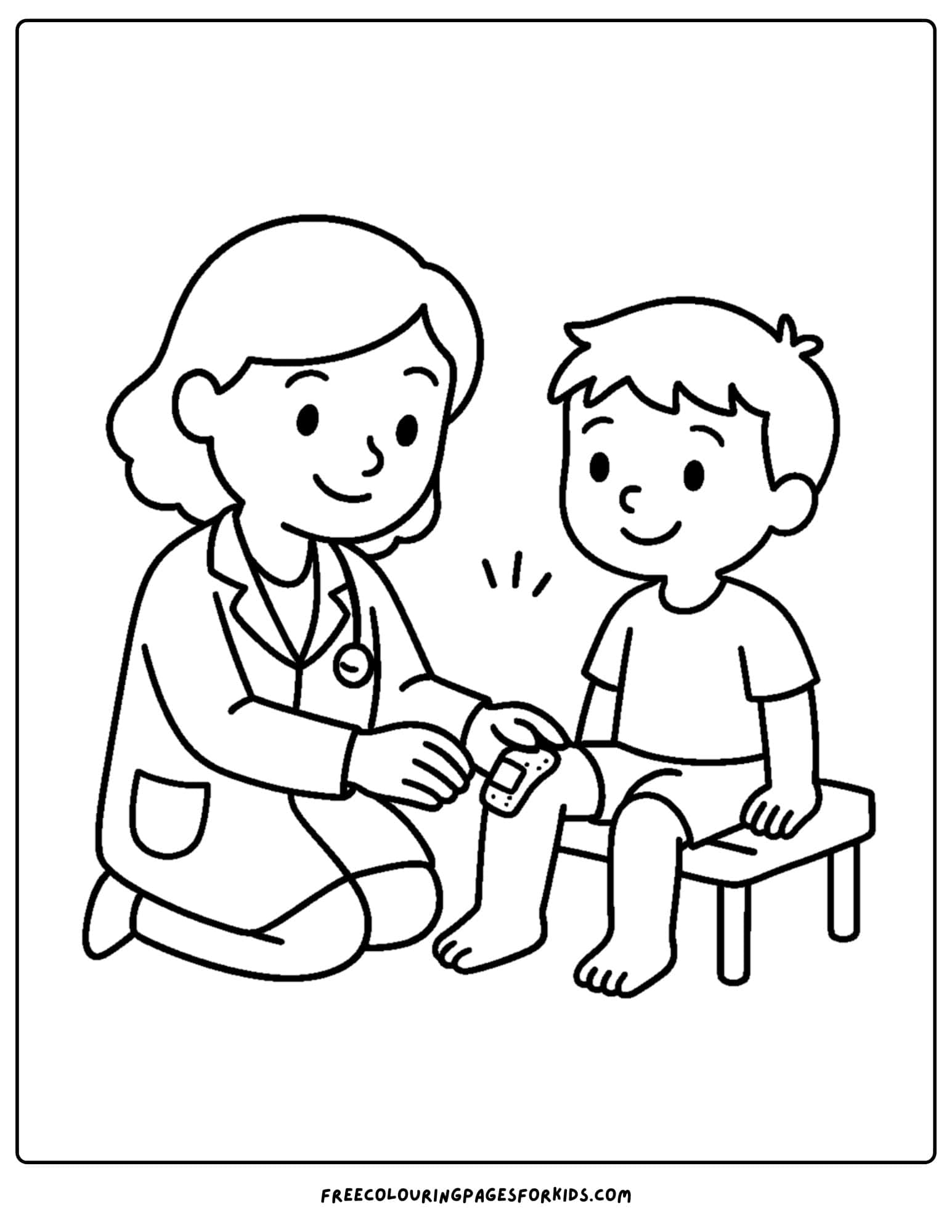 a doctor coloring page featuring a doctor putting a bandage on a child's knee
