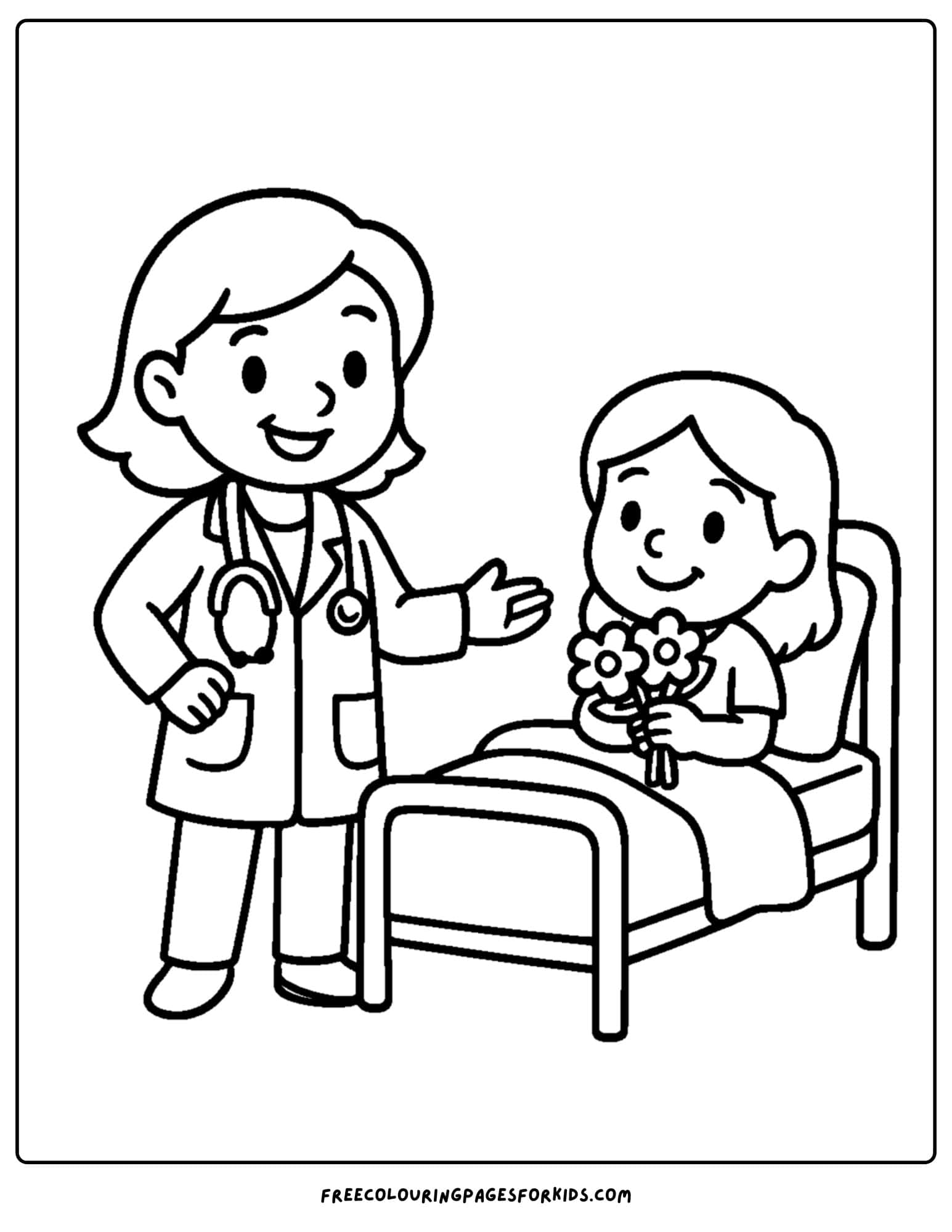 a doctor coloring page featuring a doctor checking on a patient in a hospital bed