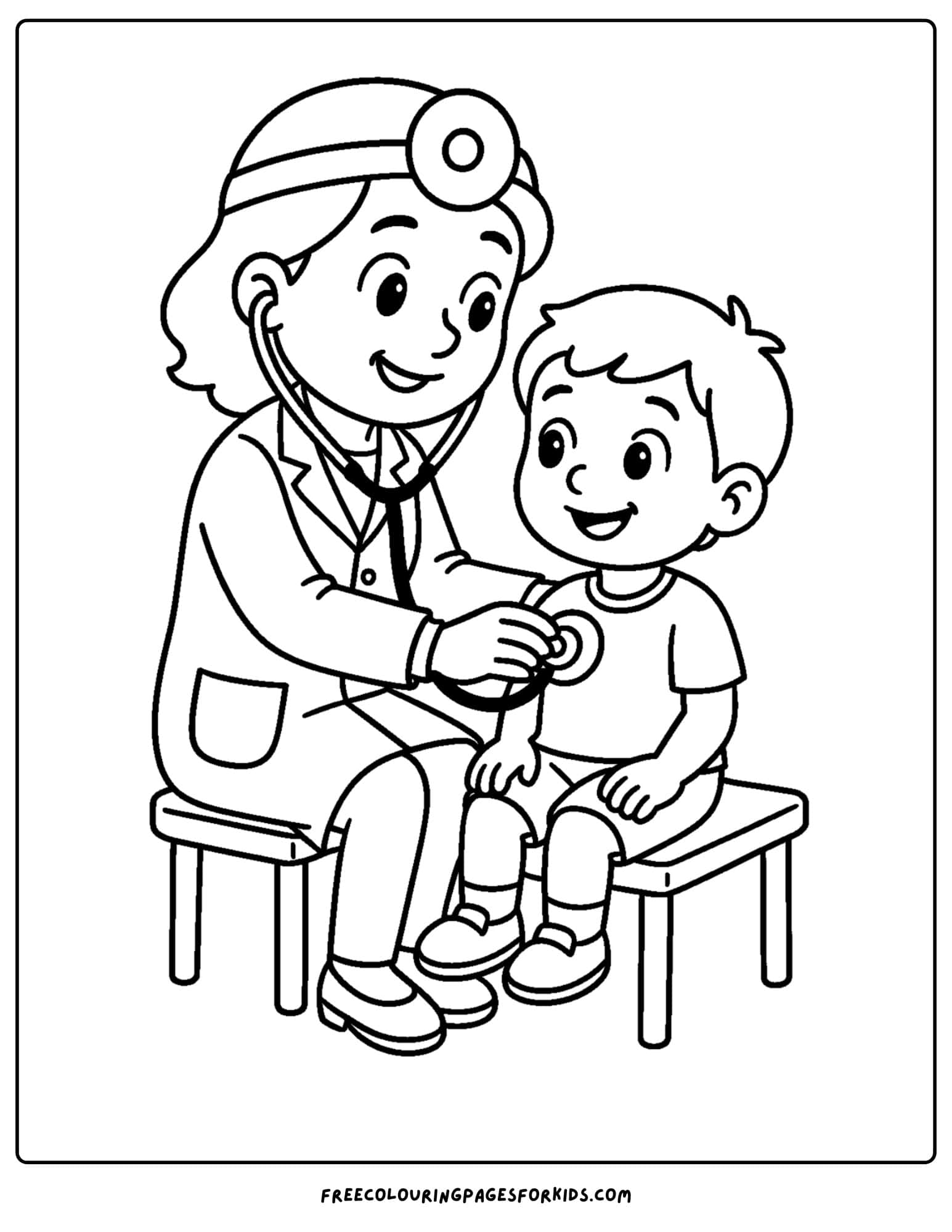 a doctor coloring page featuring a doctor checking a kids heartbeat