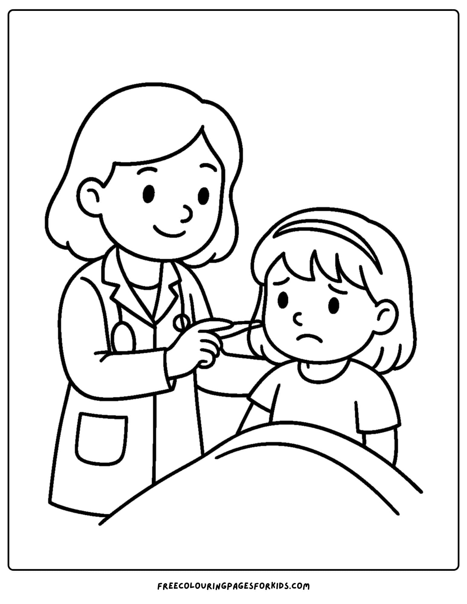 a doctor coloring page featuring a doctor checking a kids temperature
