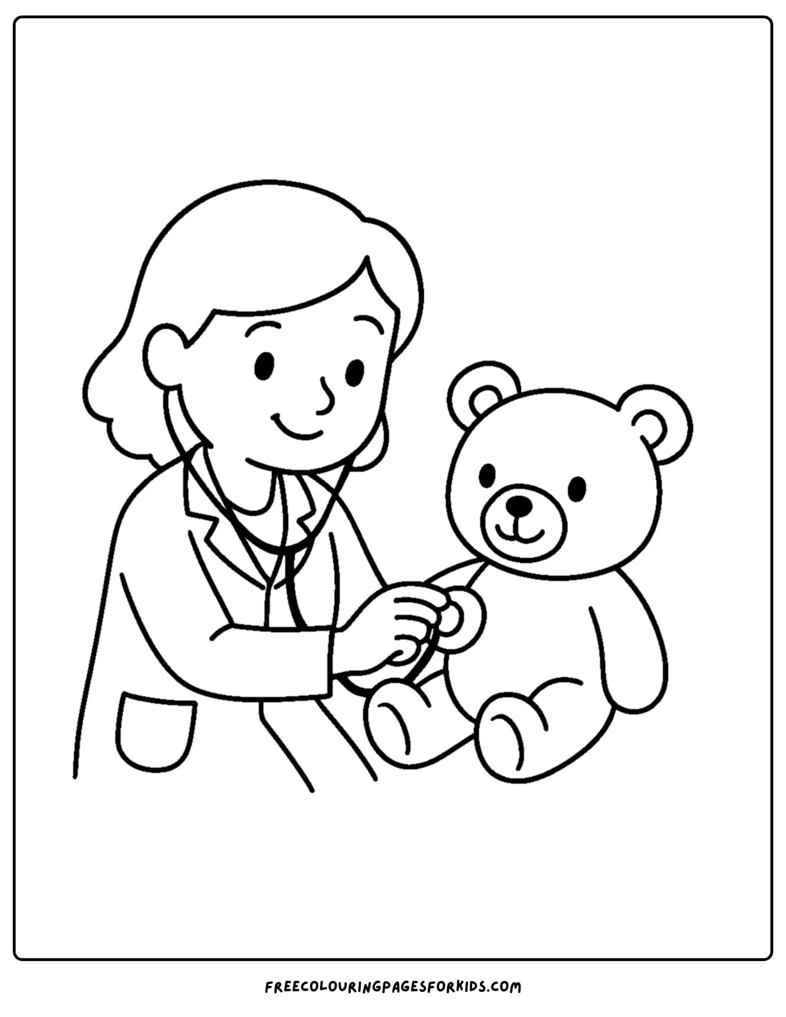 a doctor coloring page featuring a doctor checking up on a teddy bear