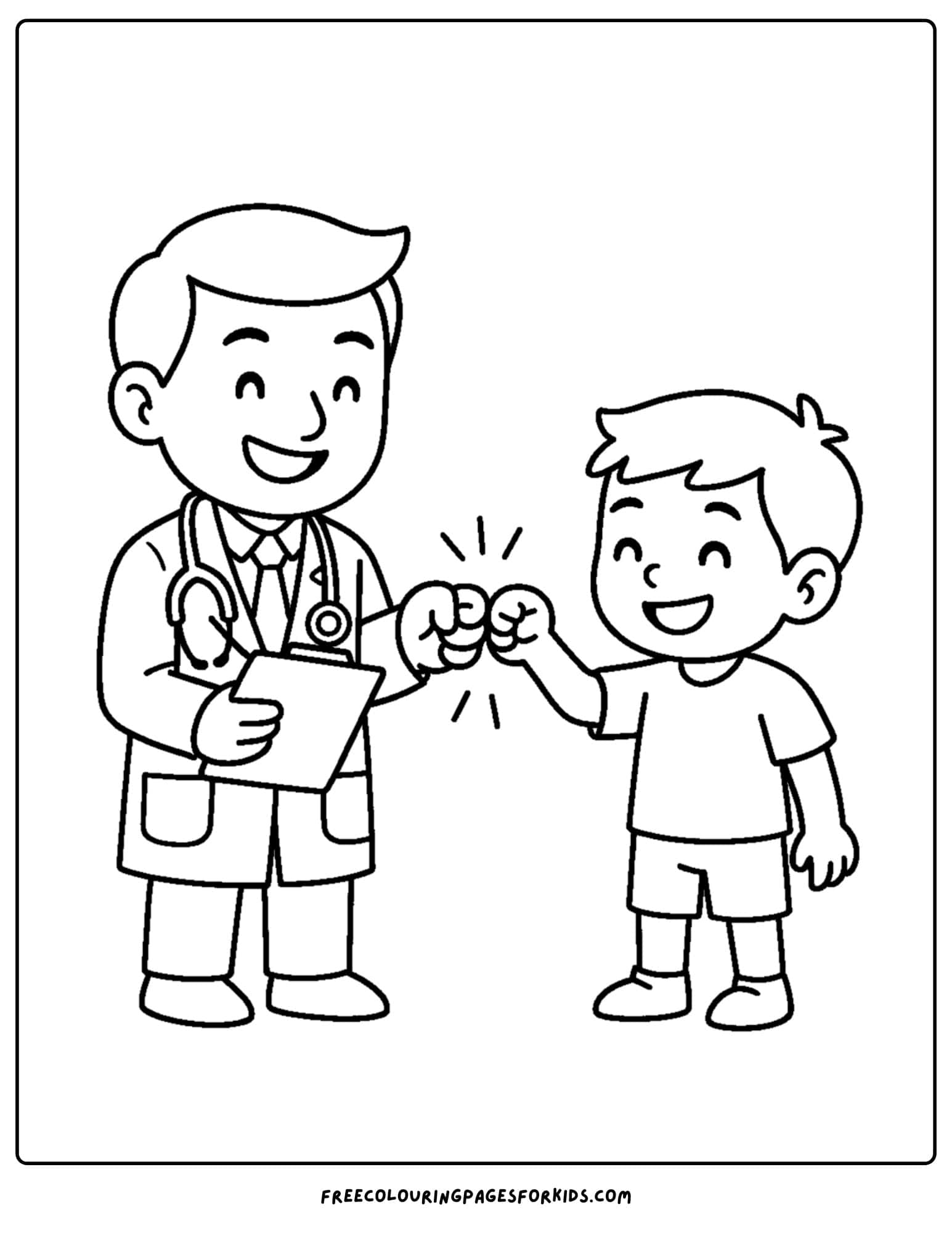 a doctor coloring page featuring a doctor fist bumping a child