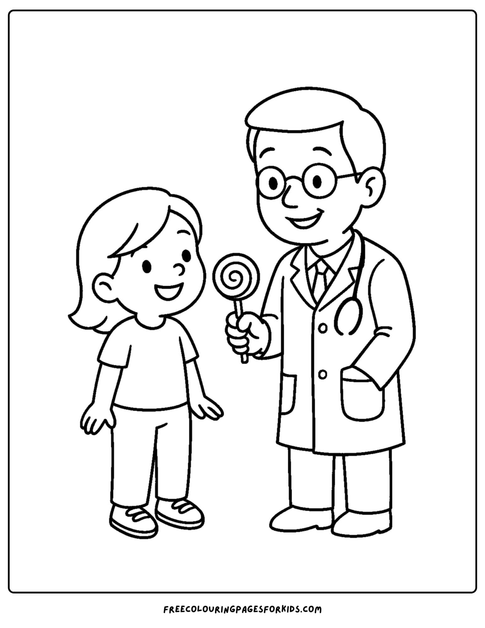 a doctor coloring page featuring a doctor giving a child a lolipop