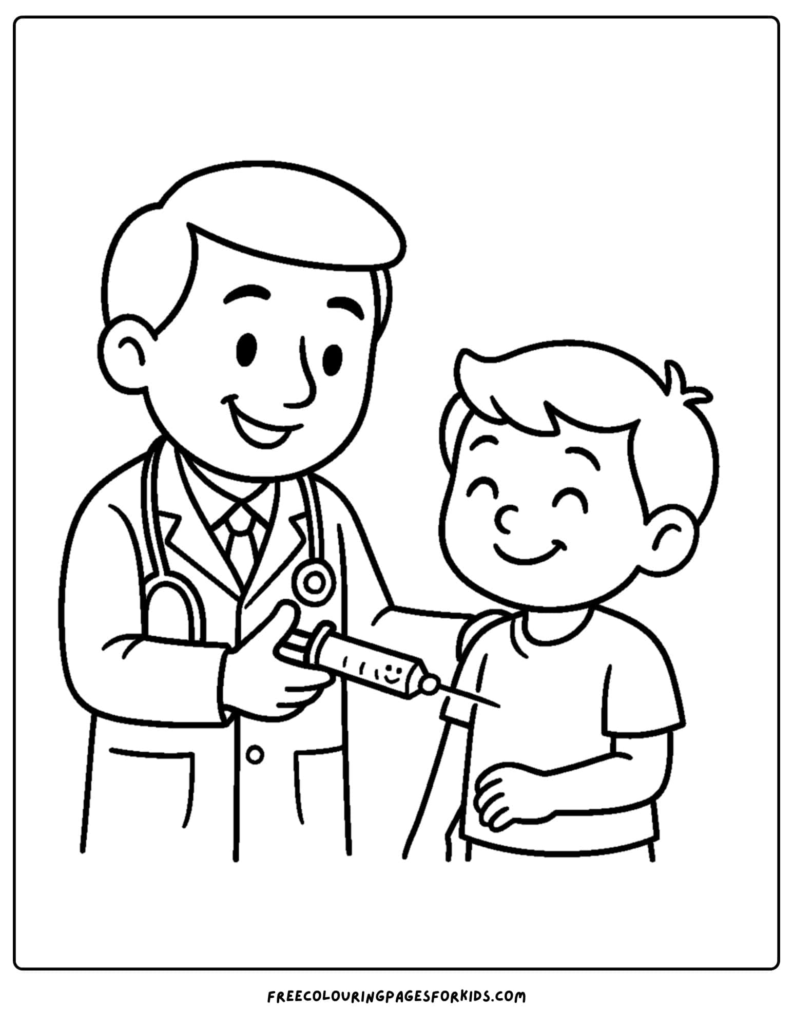 a doctor coloring page featuring a doctor giving a child a vaccine shot
