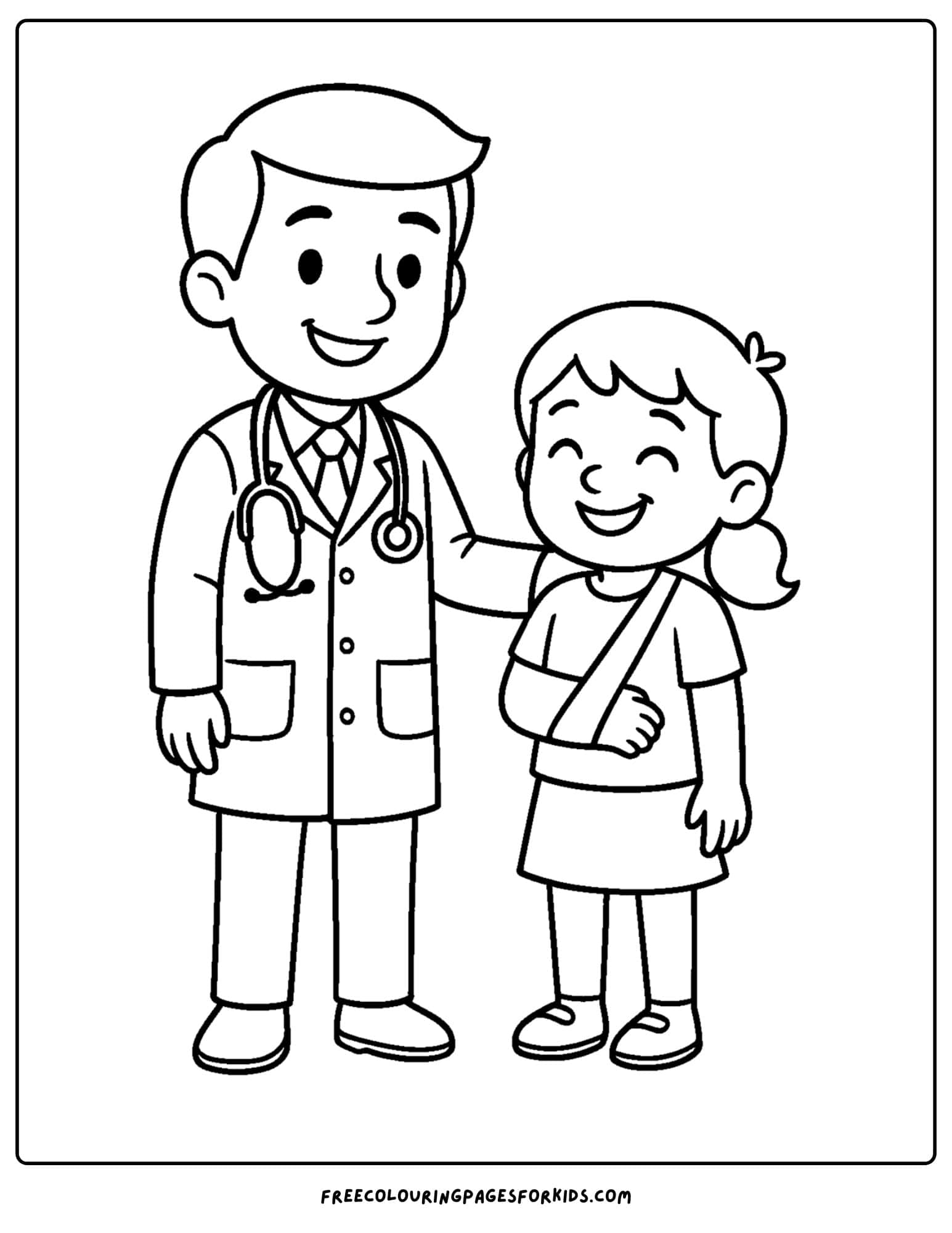 a doctor coloring page featuring a doctor helping a child with a broken arm