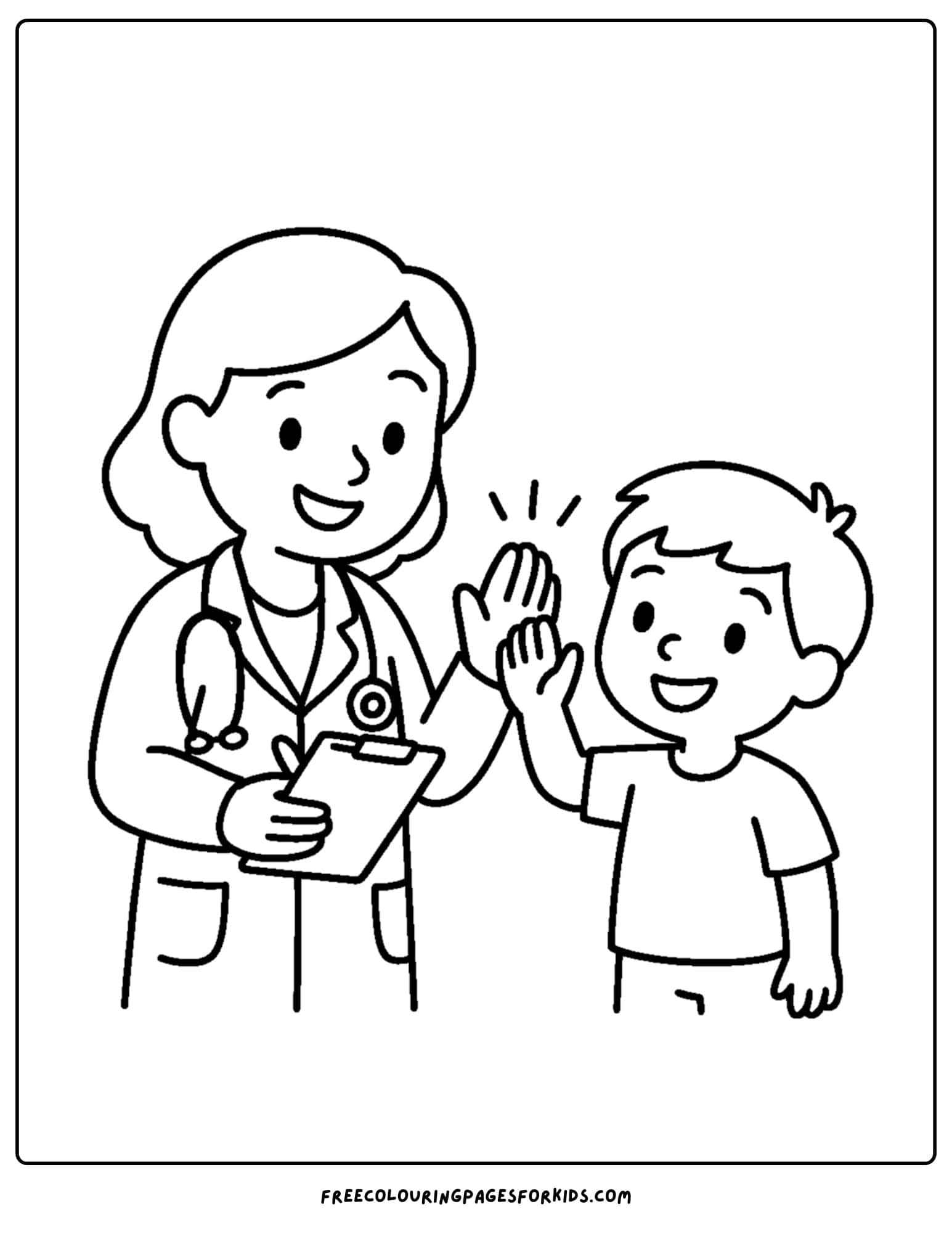 a doctor coloring page featuring a doctor giving a child a high five