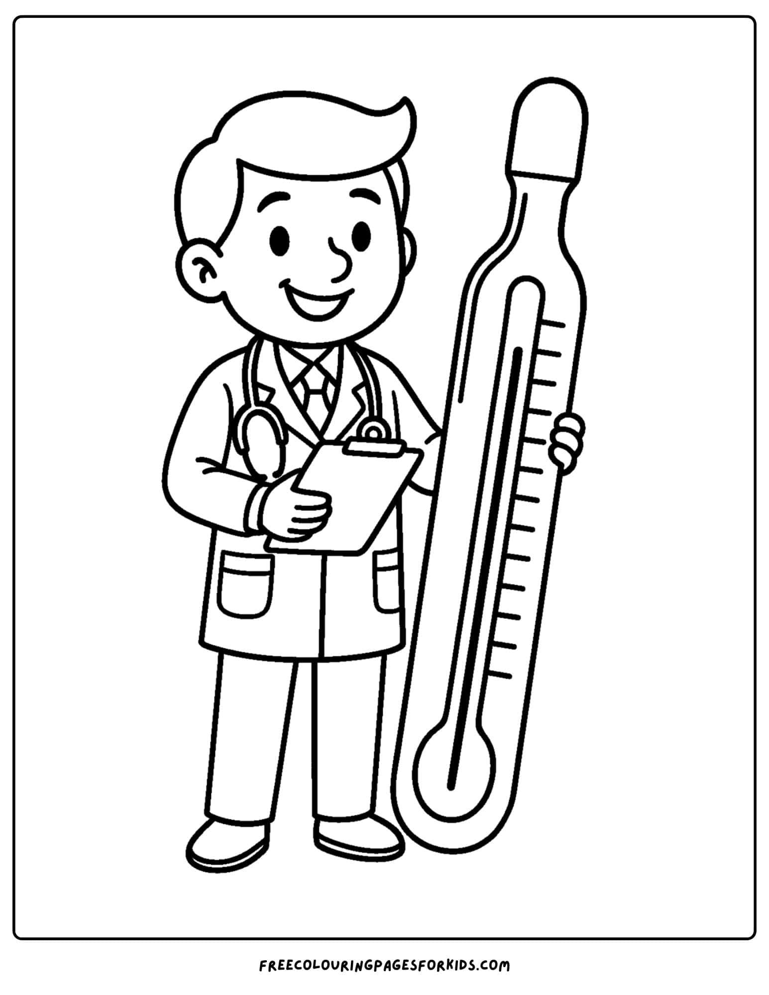 a doctor coloring page featuring a doctor holding a giant thermometer
