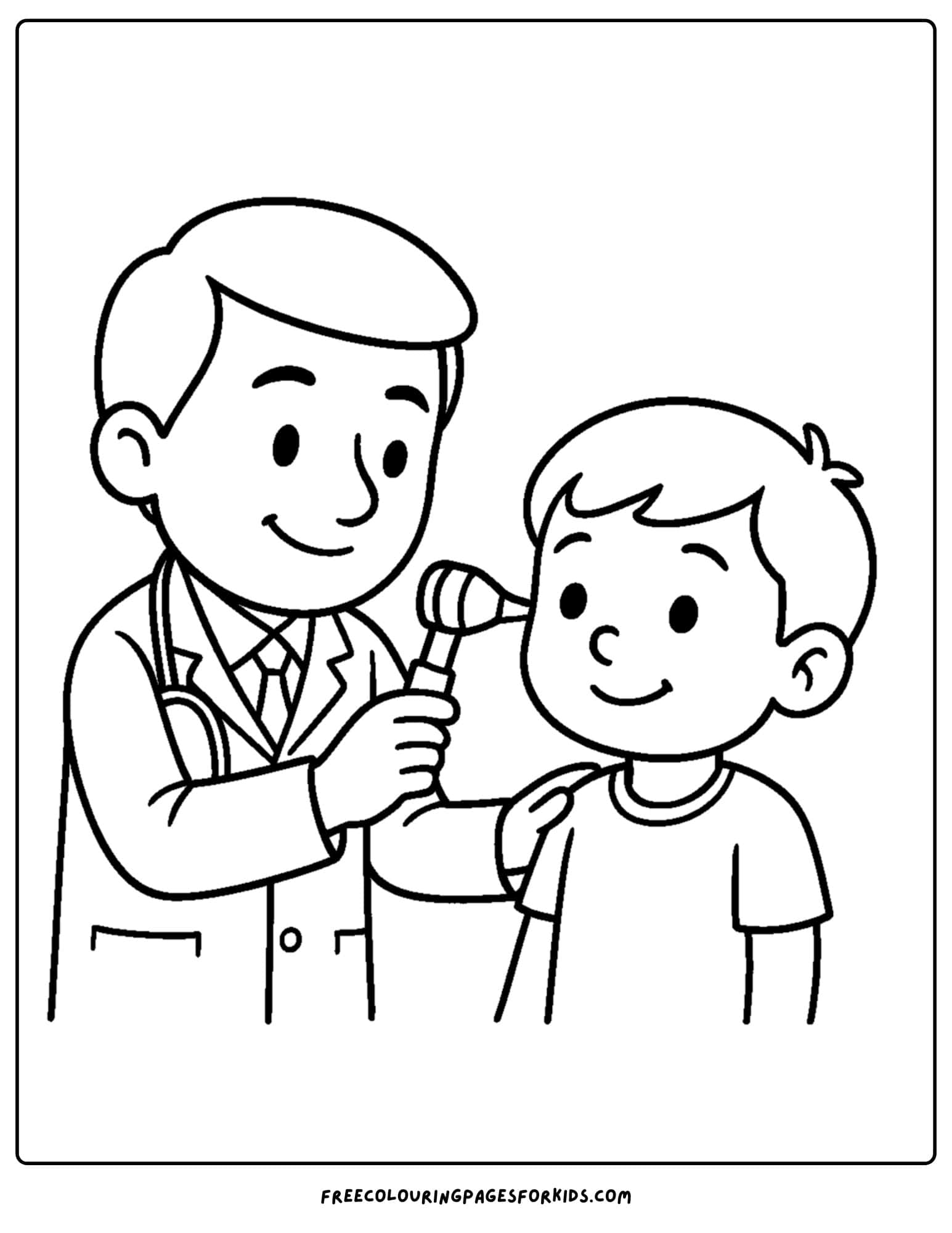 a doctor coloring page featuring a doctor looking into a childs ear