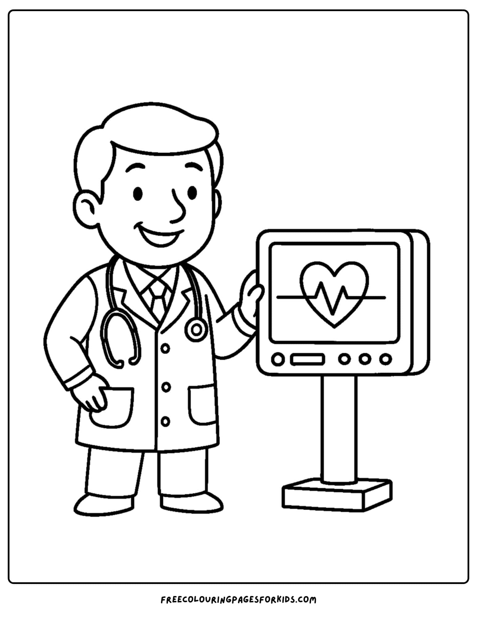a doctor coloring page featuring a doctor next to a heart monitor