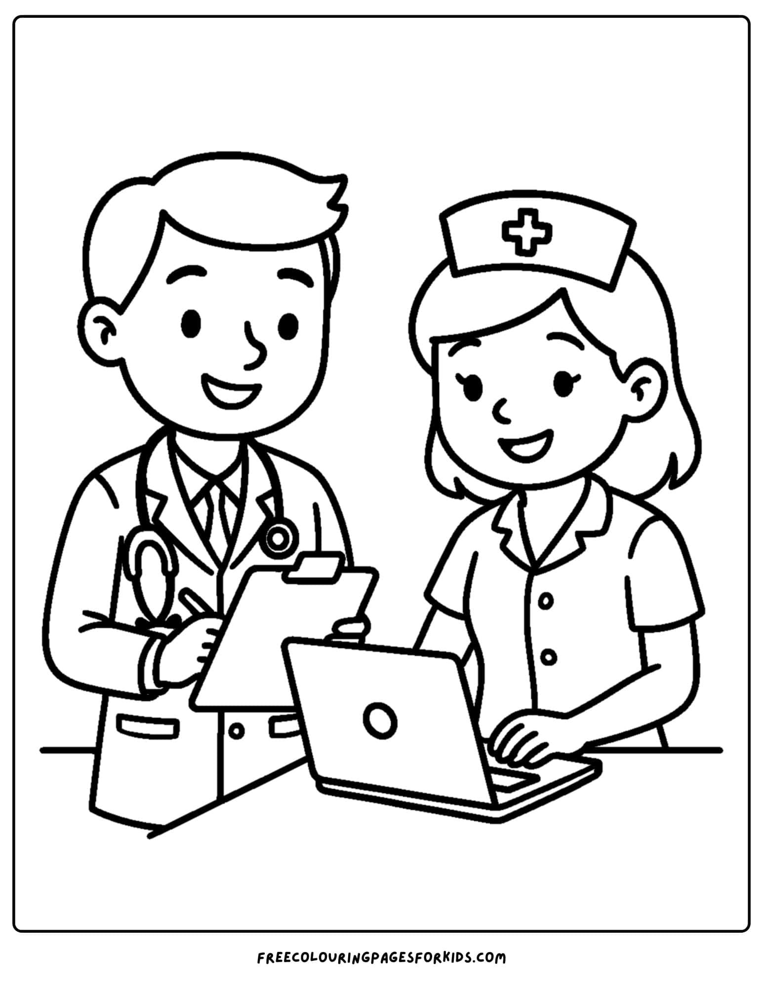 a doctor coloring page featuring a doctor and a nurse working together