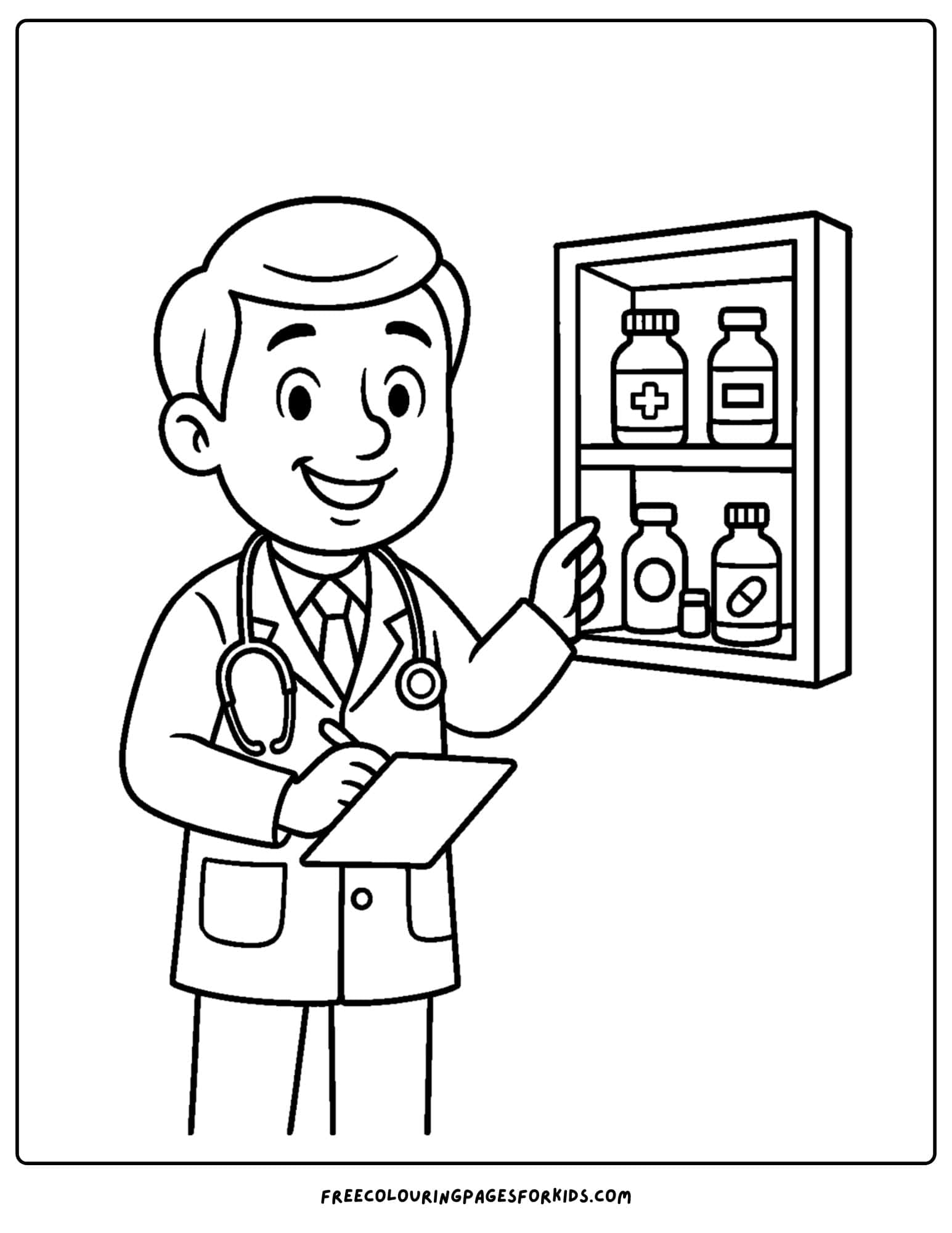 a doctor coloring page featuring a doctor opening a medical cabinet