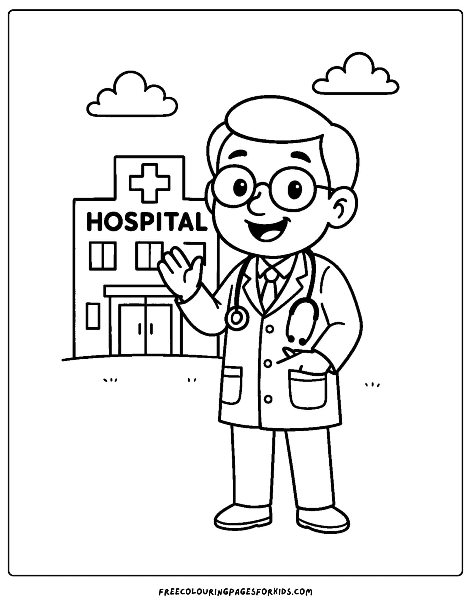 a doctor coloring page featuring a doctor standing outside a hospital